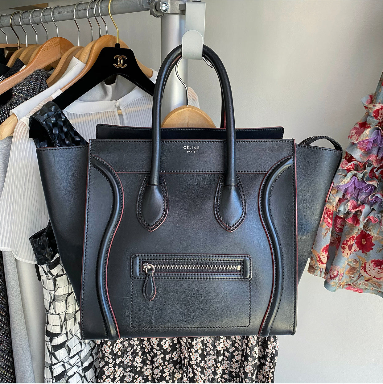 Celine Black and Red Leather Medium Phantom Tote Bag for Women - Luxury Designer Handbag for Work, Travel & Everyday Use