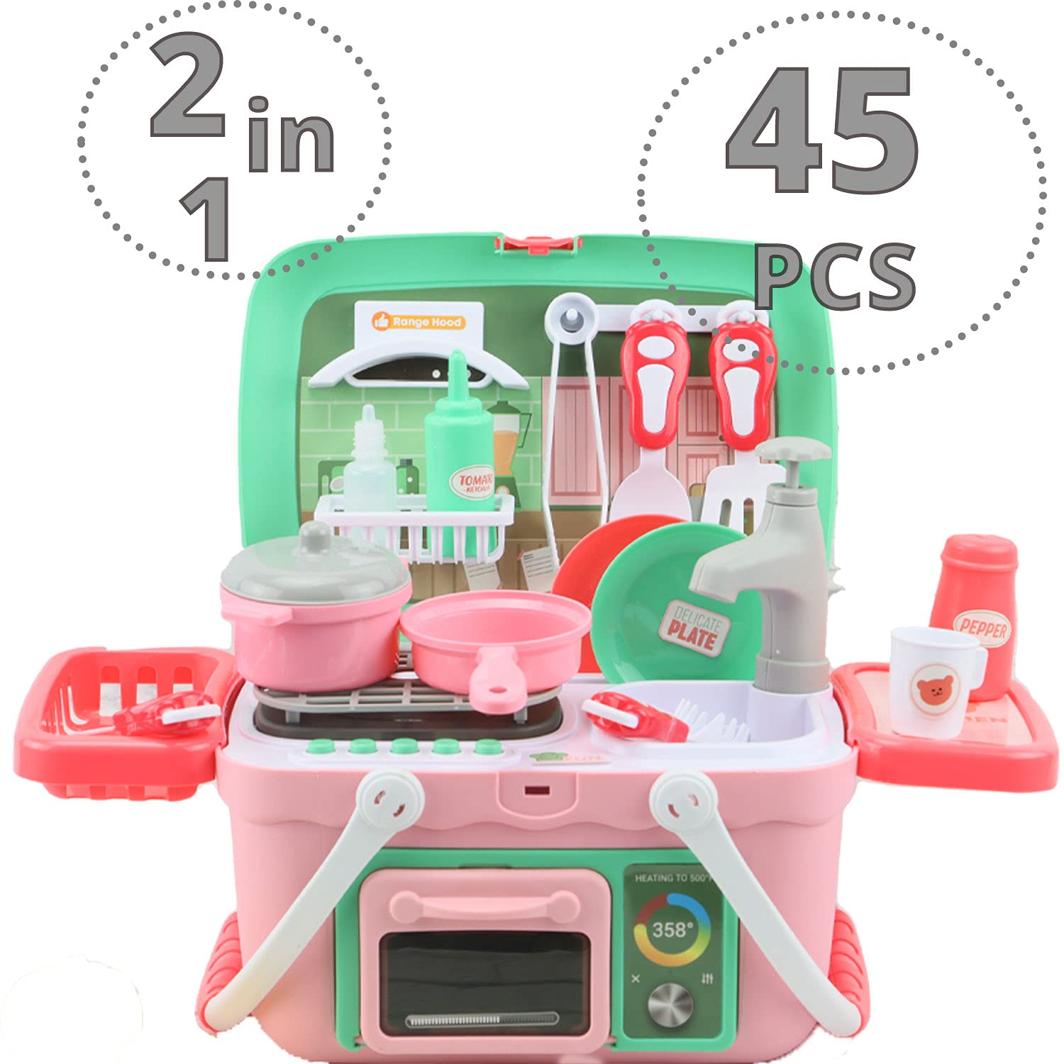 Shape28 Kids Pretend Play Kitchen Set with Sink, Faucet & Running Water - Interactive Toy Kitchen with Lights, Sounds & Cold Steam - Includes Pretend Food & Cooking Spray - Perfect for Imaginative Play & Role-Playing Games for Toddlers & Preschoolers