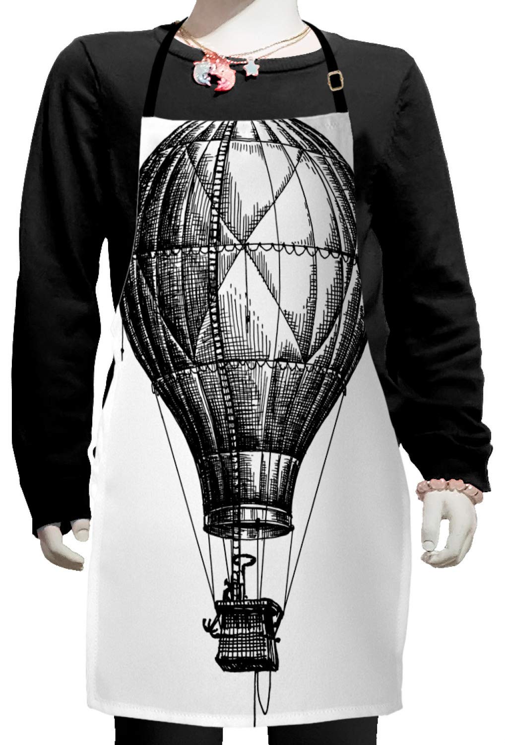 Ambesonne Vintage Sketchy Apron - Big Hot Air Balloon Sky Travel Theme, Adjustable Ties for Baking & Painting (Small Size, Black & White) | Perfect for Kitchen, Art Studio & Cooking Gifts