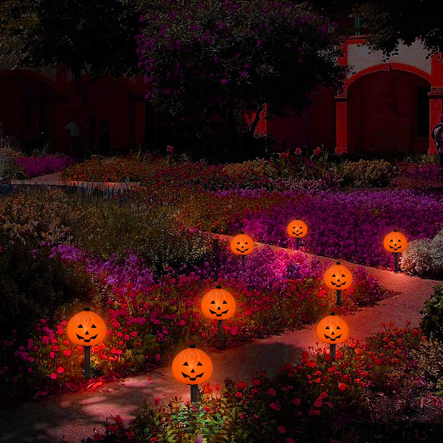 7Ft Connectable C7 Halloween Pumpkin Pathway Lights - Outdoor String Lights with 4 Pumpkin Stakes for Garden, Walkway, Yard, Driveway & Lawn Decor | Perfect for Halloween Party, Trick-or-Treating & Spooky Outdoor Lighting