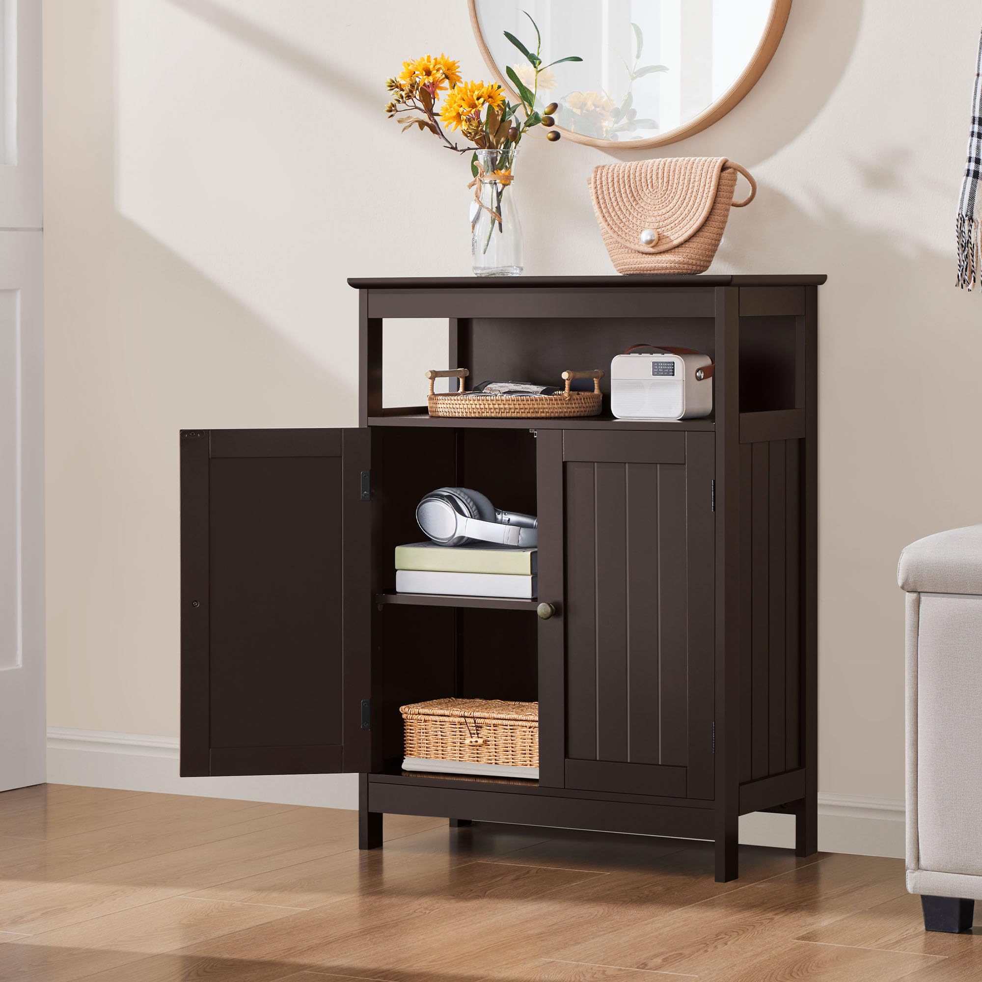 Yaheetech Wooden Bathroom Storage Cabinet - 2 Door Free Standing Organizer with Adjustable Shelf for Bathroom, Living Room, Hallway - Espresso Finish for Home Decor & Organization
