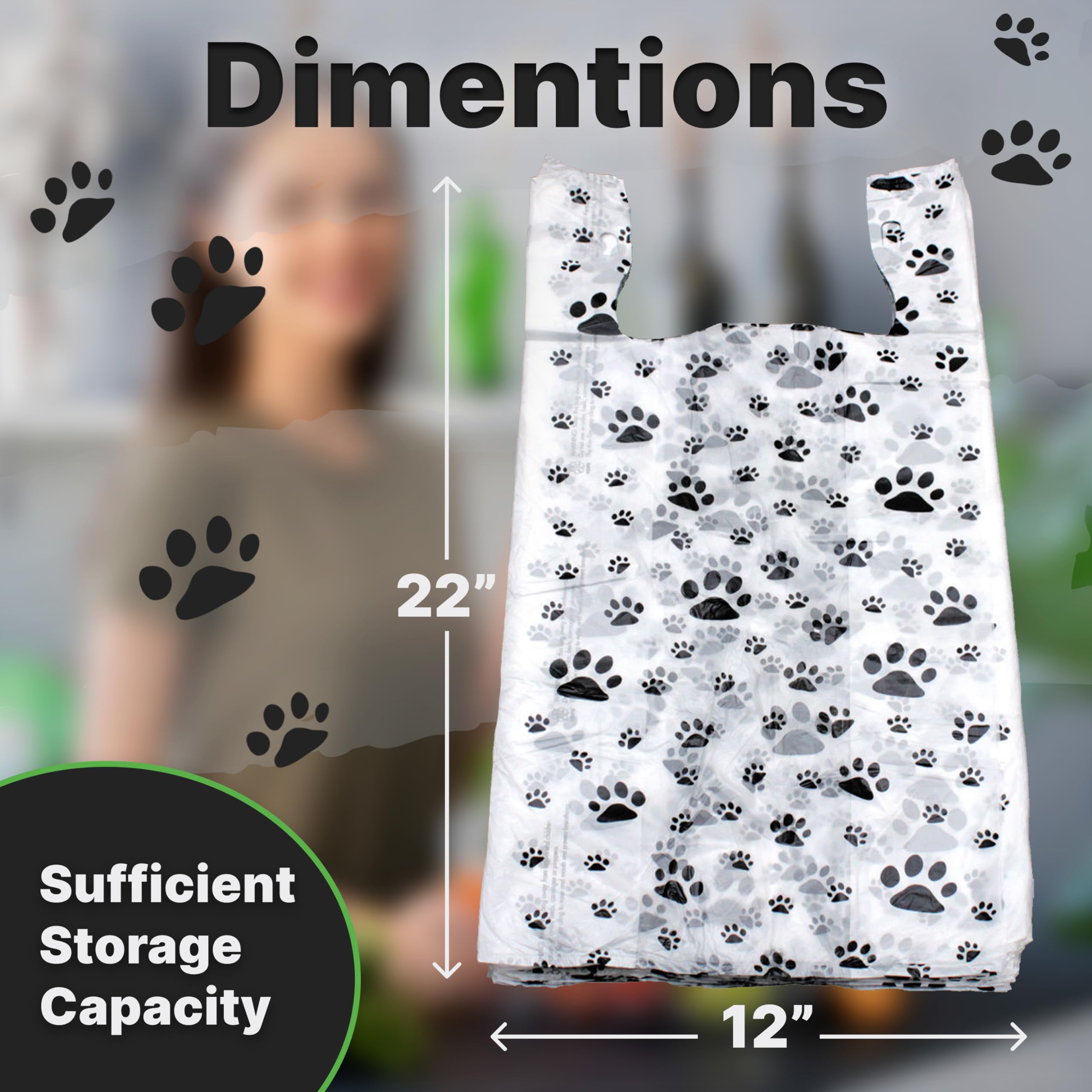 100 Pack Plastic T-Shirt Bags with Paw Print Design - 22