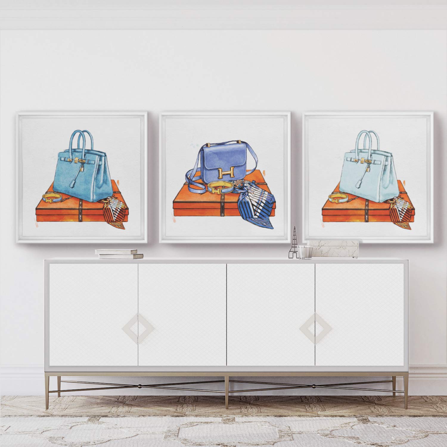 Oliver Gal Artist Co. 'My Bag Collection III' Fashion Wall Art - 30x30 Inch Blue & Orange Canvas Print for Home Decor | Perfect for Living Room, Bedroom or Office Wall Display