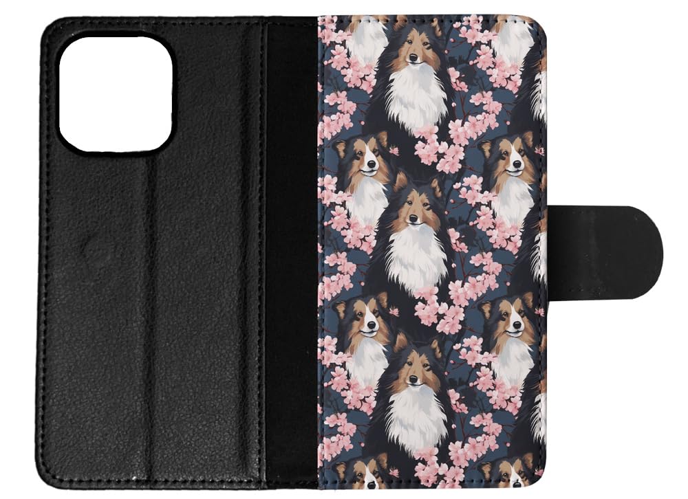 Shetland Sheepdog Puppy Dog Faux Leather Flip Wallet Phone Case for Apple iPhone 14 Pro Max - Cute Canine Pattern Protective Cover for Everyday Use & Travel