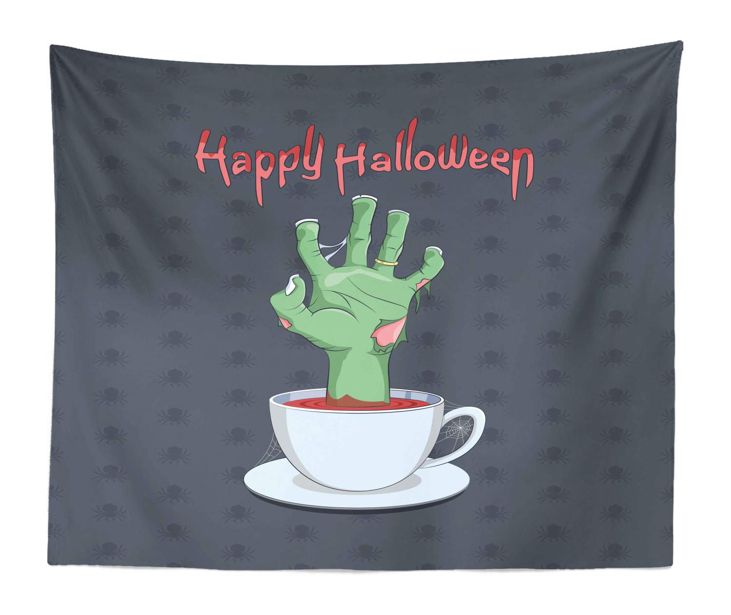 Ambesonne Halloween Tapestry King Size - Zombie Hand in Bloody Tea Cup with Happy Halloween Lettering & Spiders - 104