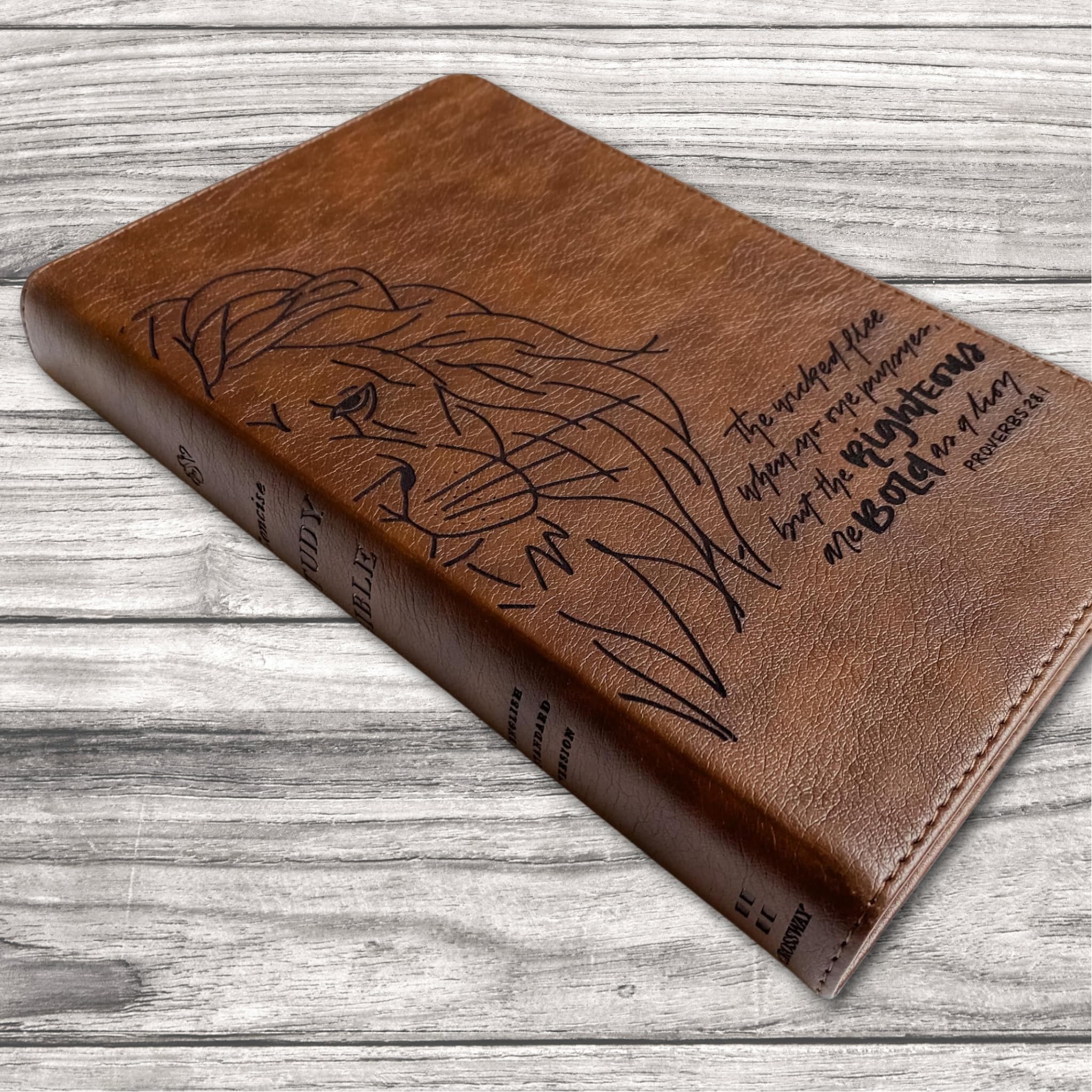 ESV Concise Study Bible - Brown Genuine Leather, Hand Lettered & Laser Engraved with Proverbs 28:1, Custom Name Personalization Available - Perfect Christian Gift for Baptism, Wedding, Birthday, Graduation - Ideal for Bible Study, Church Services & Spiritual Growth