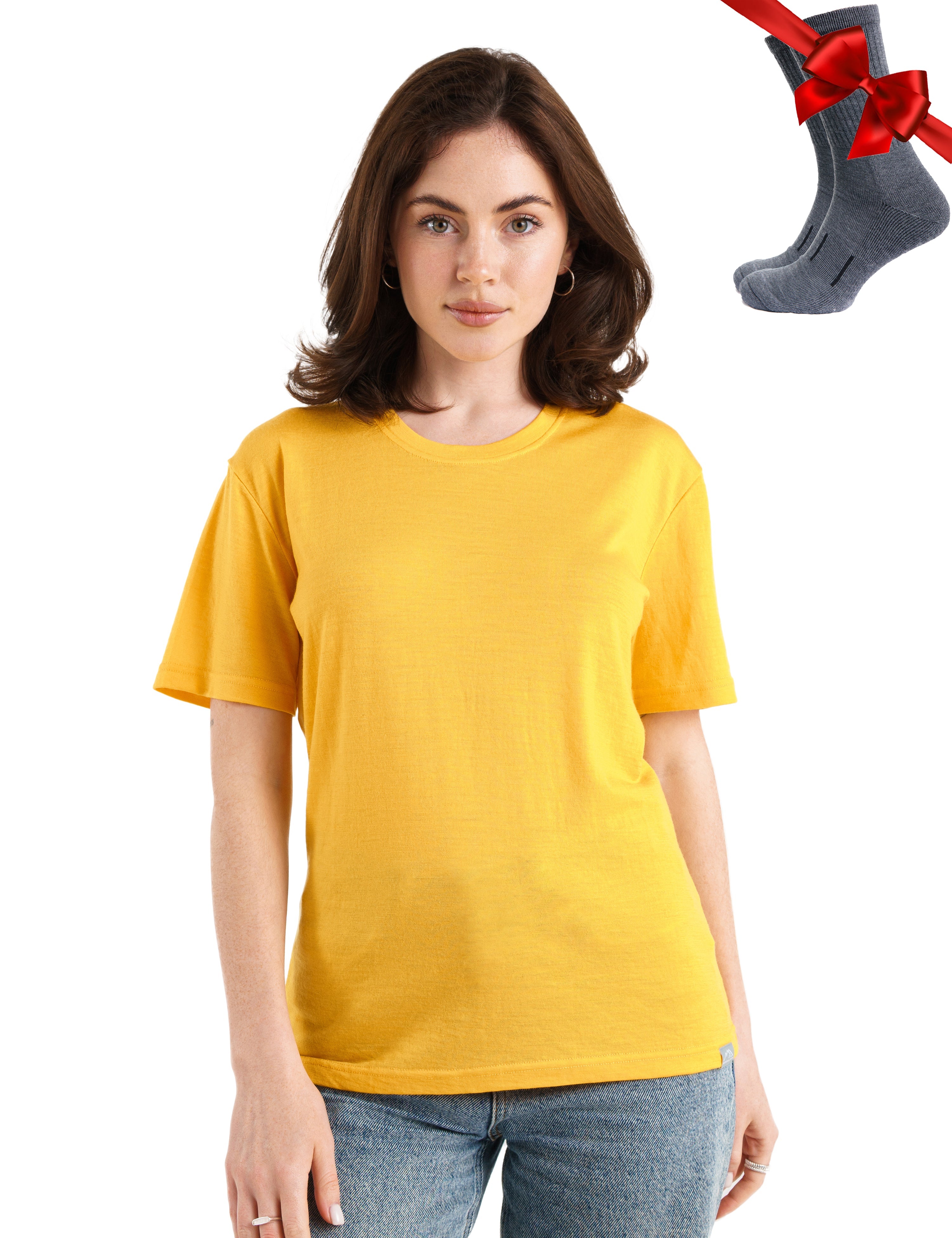 Women's Merino Wool T-Shirt 165 Gold | Soft Crewneck Short Sleeve Top with Free Socks | Perfect for Travel, Hiking & Everyday Wear