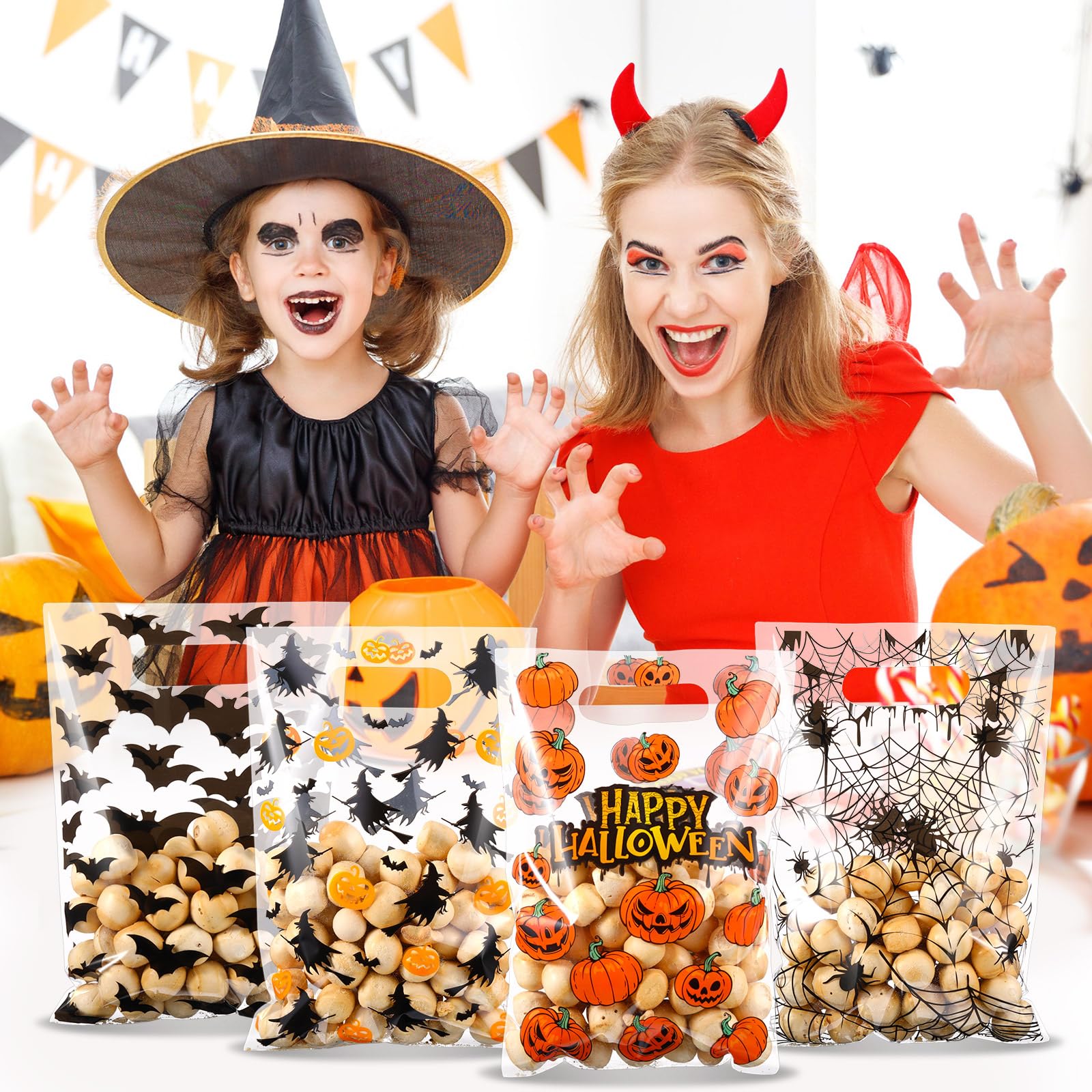 100 Pcs Halloween Treat Bags - Clear Plastic Goodie Bags with Handles for Candy, Pumpkin & Ghost Design - Perfect for Kids Halloween Party Favors, Trick or Treat, Classroom Treats & Birthday Party Supplies