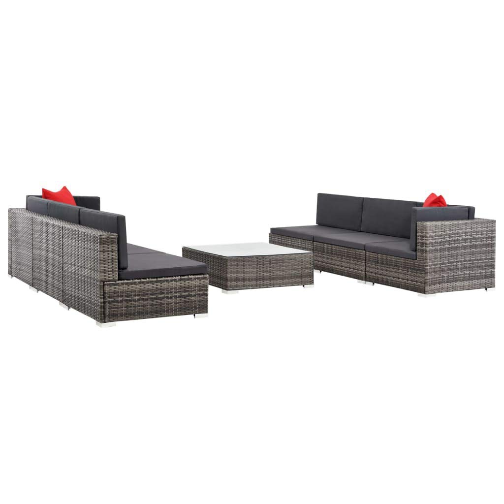 7-Piece Gray Poly Rattan Patio Sofa Set with Cushions & Table - Outdoor Sectional Couch for Backyard, Garden, or Poolside Relaxation