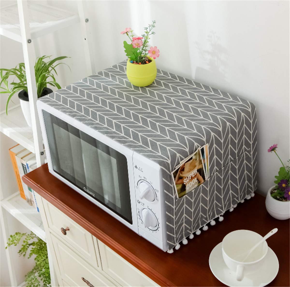 Microwave Oven Cover - Dust & Oil Proof Cotton Linen Kitchen Appliance Protector with Storage Pockets | Grey Arrow Design | Perfect for Countertop, Toaster & Small Appliance Protection