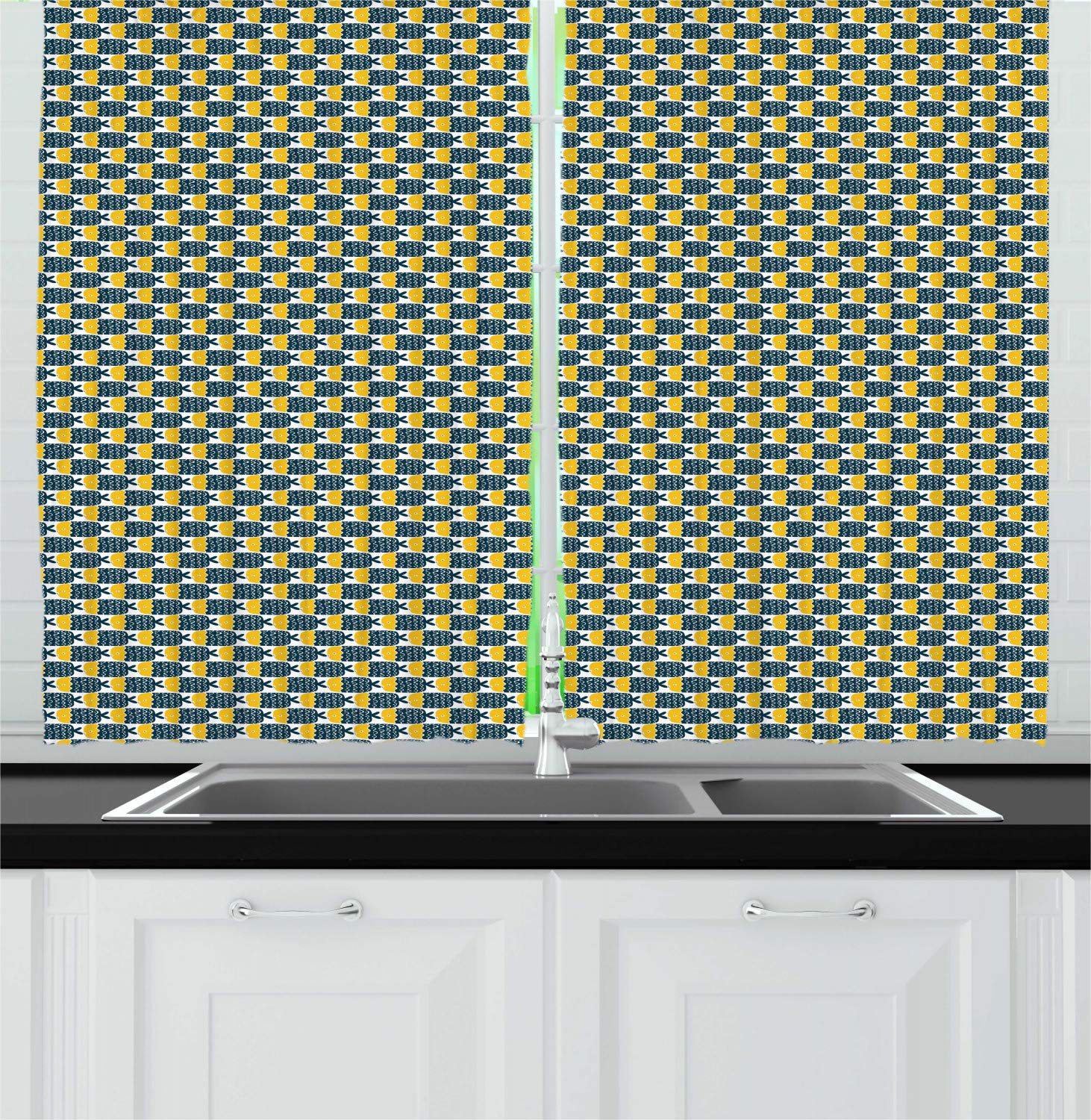 Ambesonne Folk Art Kitchen Curtains Set of 2 Panels - Abstract Fish Continuous Pattern Window Drapes for Kitchen & Cafe Decor - 55 x 39 Inches Dark Petrol Blue Earth Yellow White - Perfect for Farmhouse, Boho & Coastal Style Homes