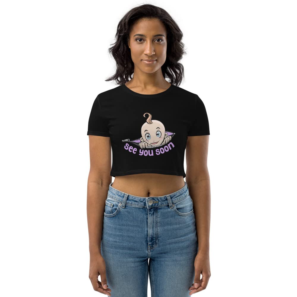 Funny Maternity Pregnancy Announcement Crop Top - 'See You Soon' Cute Baby Reveal Shirt for Gender Reveal Parties & Photoshoots