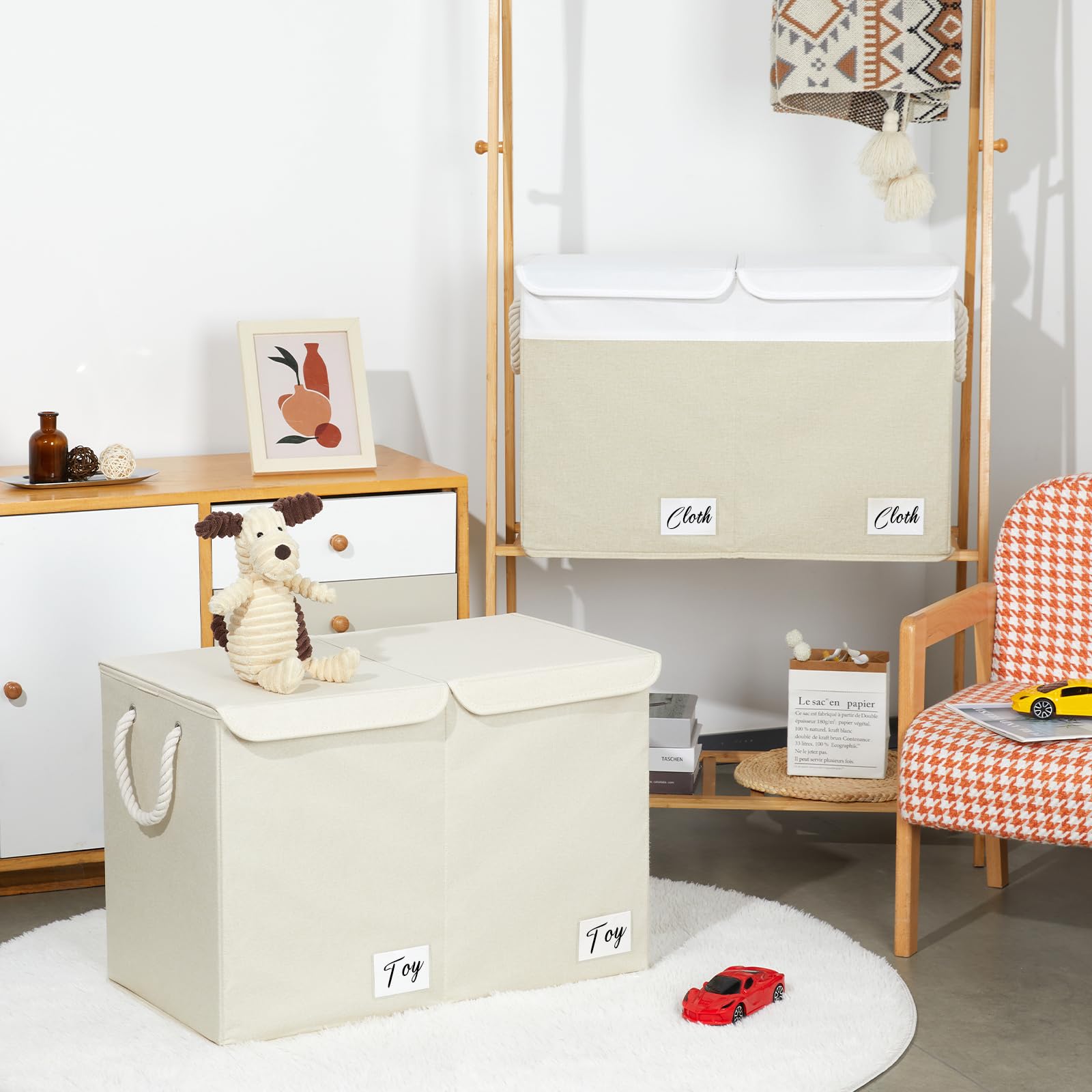 HNZIGE Large Collapsible Fabric Storage Box with Flip-Top Lid - Toy Organizer Bin for Kids Bedroom, Clothes & Toys - Foldable Toy Chest Container (White & Beige) | Perfect for Nursery Organization, Playroom Storage & Closet Decluttering