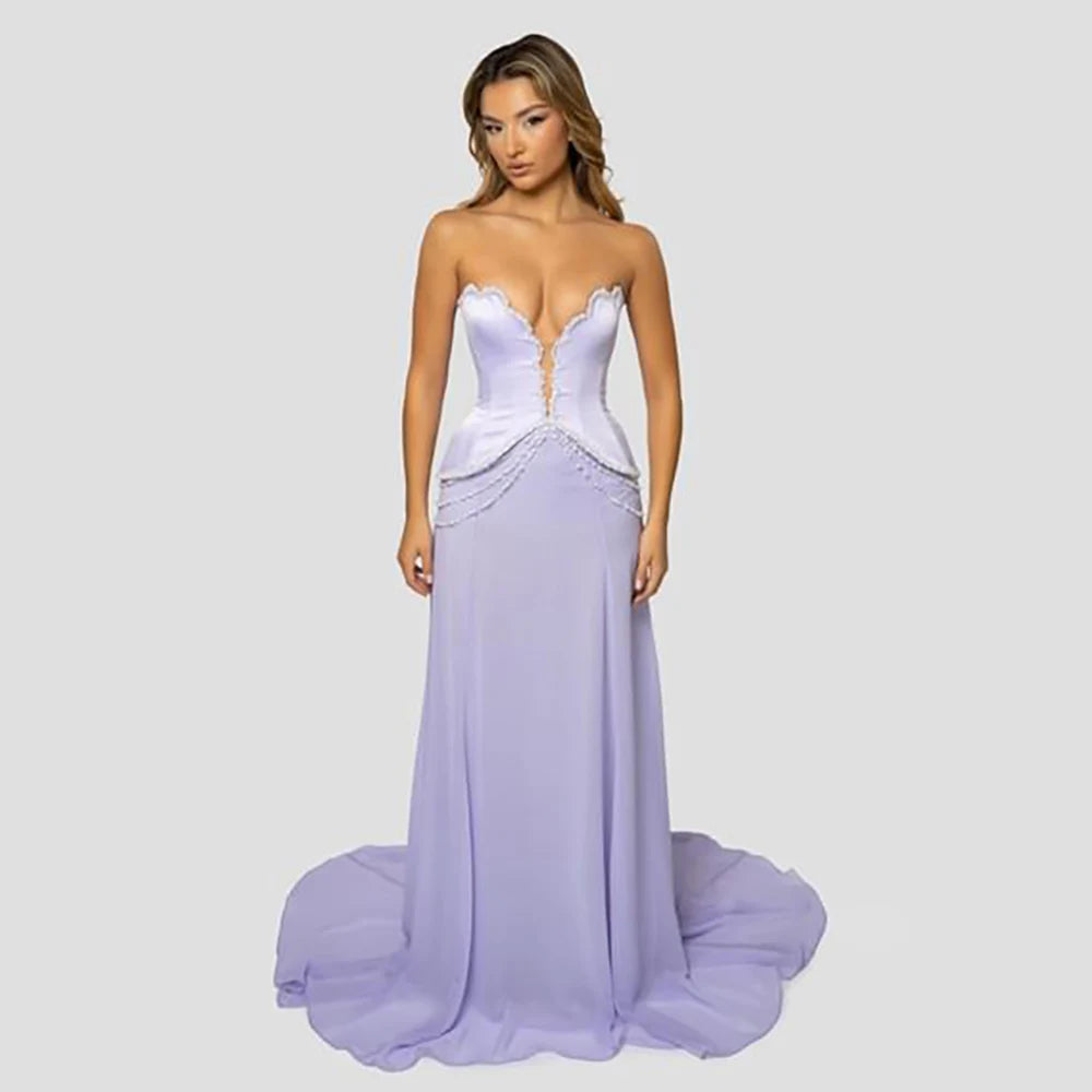 Luxury Dubai Arabic Lilac Beaded Mermaid Satin Evening Gown for Women - Formal Occasion Wedding Prom Dress LA72808 | Elegant Party Wear for Special Events & Red Carpet