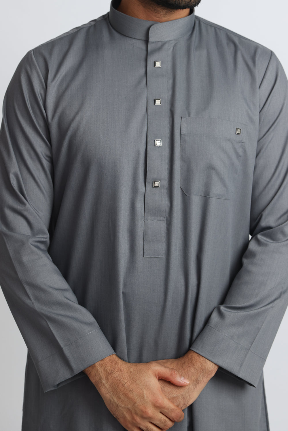 Premium J1519 Saudi Collar Grey Thobe for Men - Traditional Islamic Robe with Comfortable Fit - Perfect for Eid, Ramadan & Special Occasions