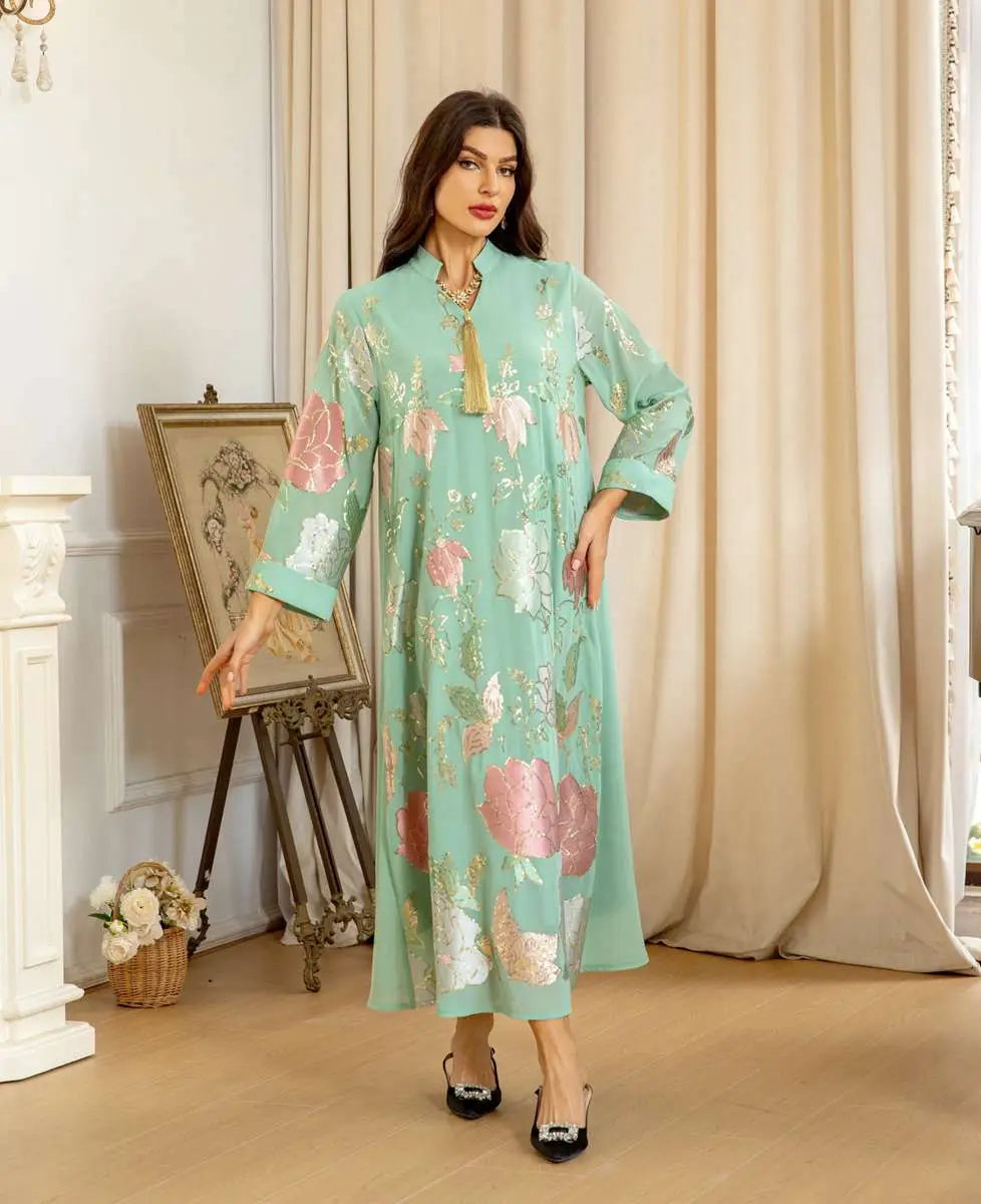 Elegant Eid Dress for Women - Embroidered Sequin Chiffon Kaftan Caftan Outfit | Perfect for Eid Celebrations, Weddings & Special Occasions