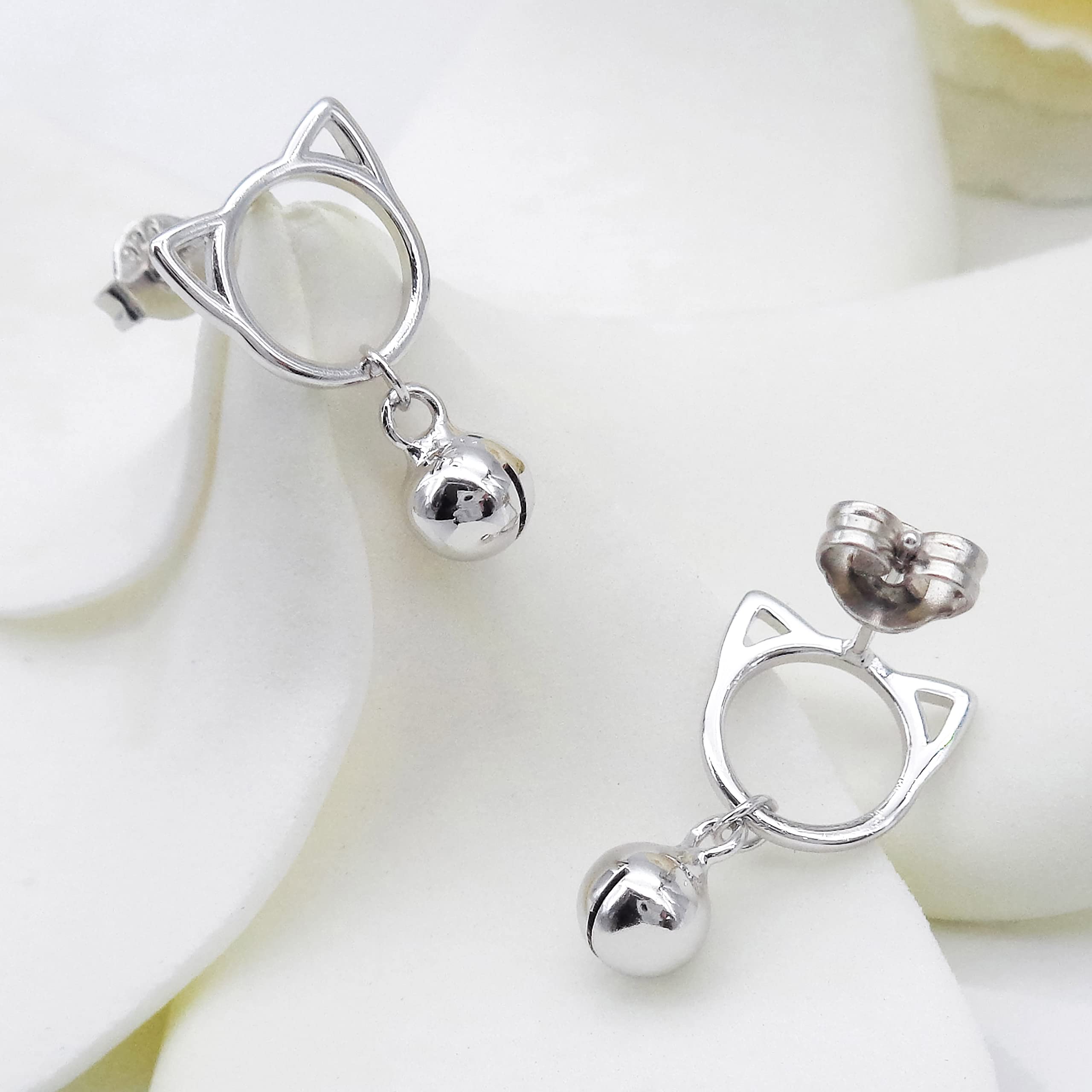 925 Sterling Silver White Gold Plated Cat Head Bell Stud Earrings - Fashion Jewelry for Women, Girls - Perfect for Parties, Dating & Daily Wear