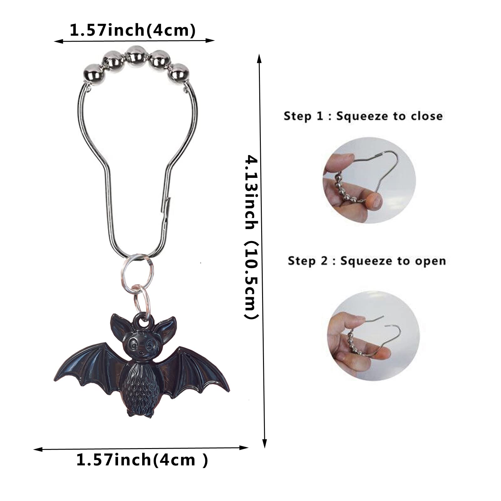 12 Pack Bat Shower Curtain Hooks - Rustproof Metal Halloween Bat Shower Rings for Bathroom Rods, Spooky Bathroom Decor for Halloween Party & Gothic Home Decor - Perfect for Themed Bathrooms & Haunted House Decorations (Black)