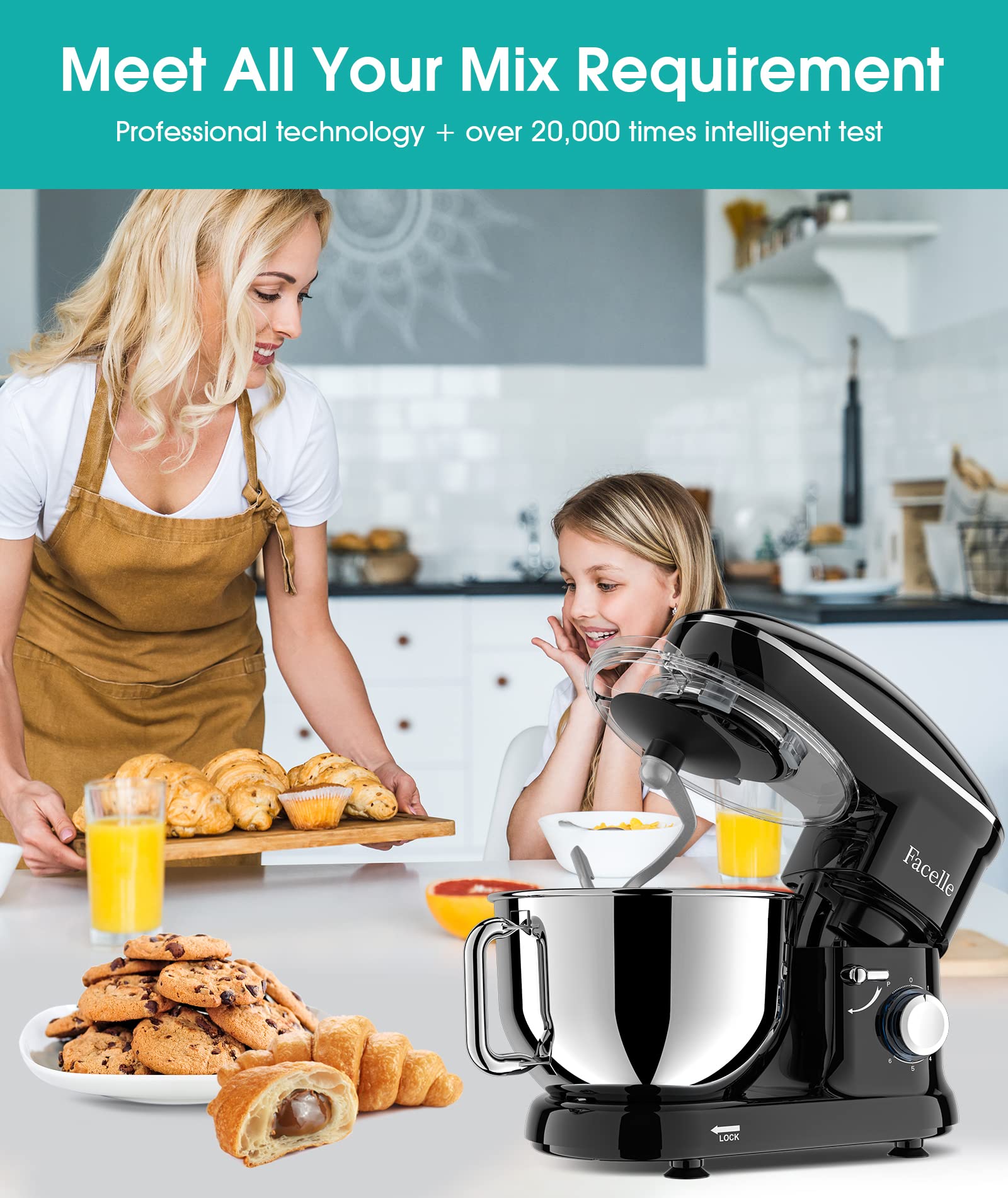 Facelle 660W 6-Speed Stand Mixer - Tilt-Head Electric Kitchen Mixer with Pulse Function, 6.5QT Stainless Steel Bowl, Dishwasher-Safe Beater, Dough Hook & Whisk - Perfect for Baking Cakes, Cookies, Bread and More - Black