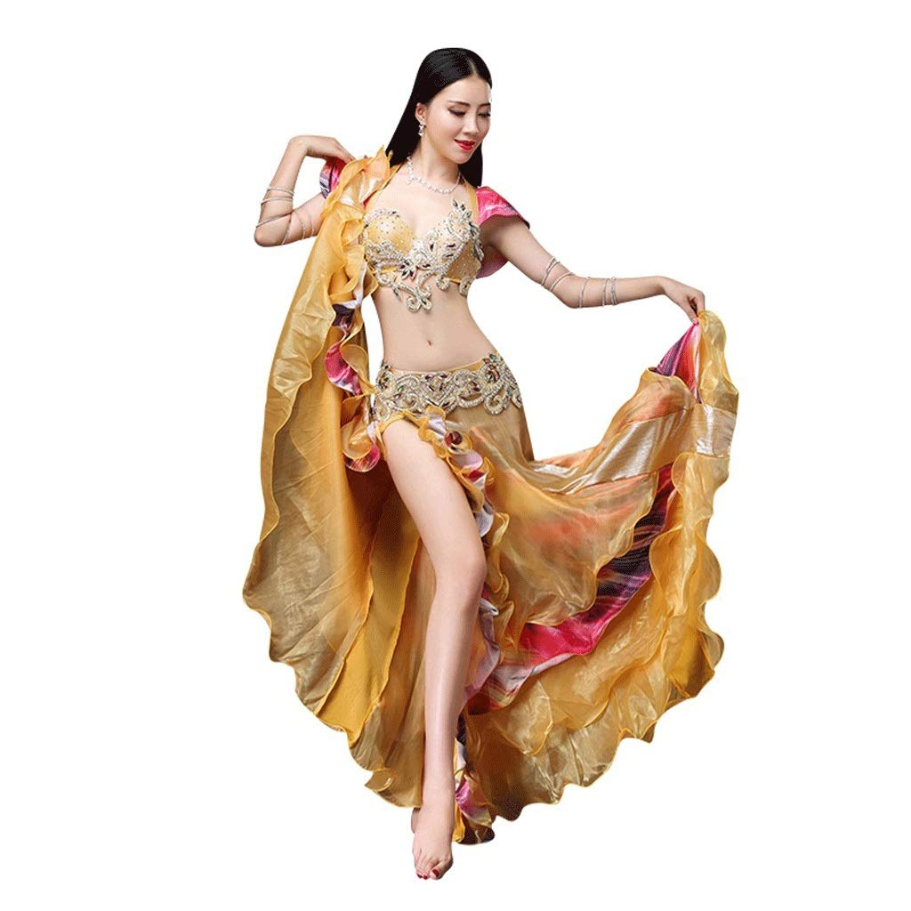 Sexy Handmade Beaded Belly Dance Bra Set with Performance Dress - Gold Color, Size S | Perfect for Belly Dance Shows, Costume Parties & Stage Performances