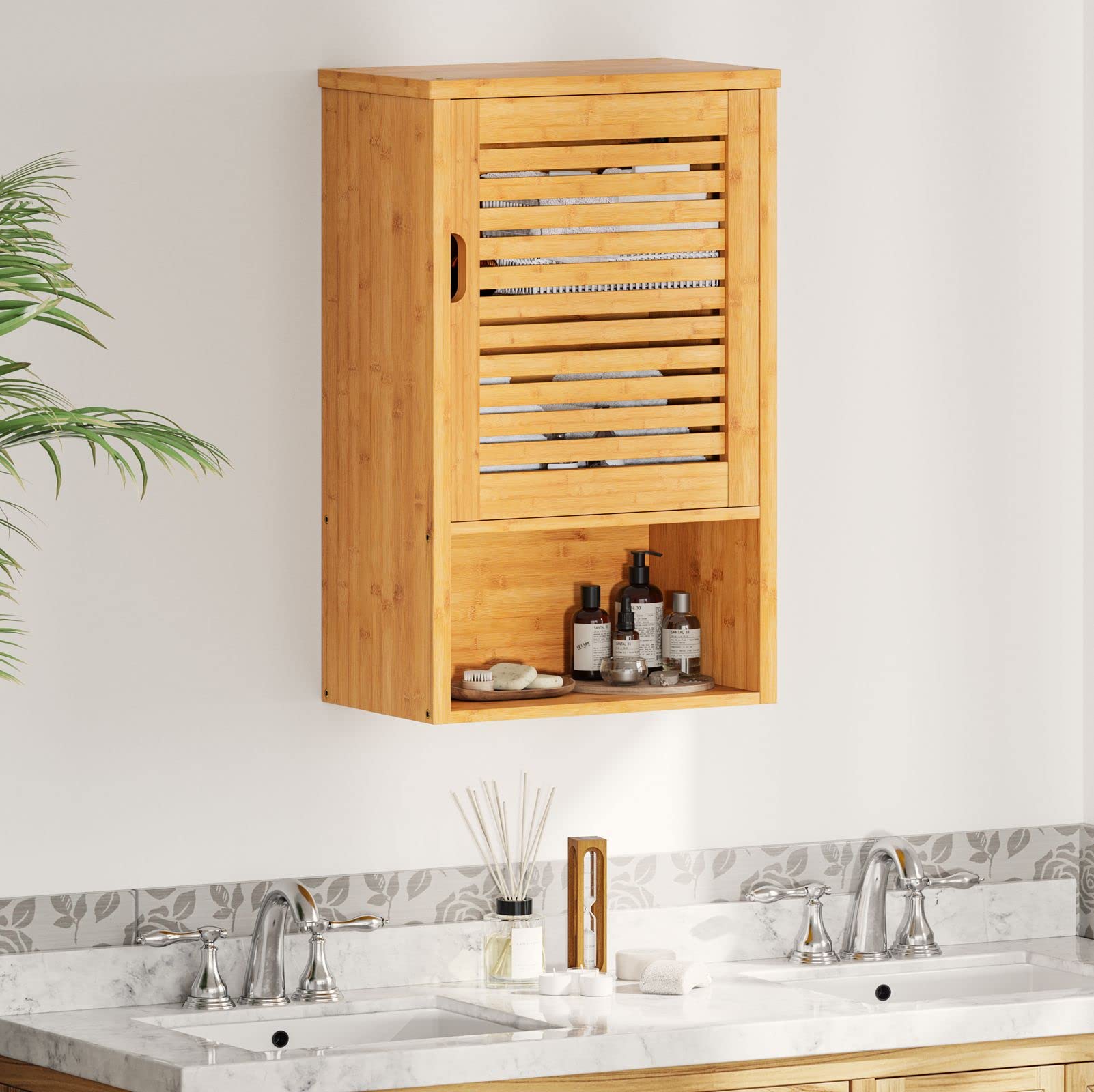 VIAGDO Wooden Bathroom Wall Cabinet - Single Door Medicine Storage with Adjustable Shelf, Bamboo Over The Toilet Hanging Cupboard (15.7’’L x 7.8’’W x 23.6’’H) - Perfect for Small Bathrooms, Powder Rooms & Apartment Storage Solutions