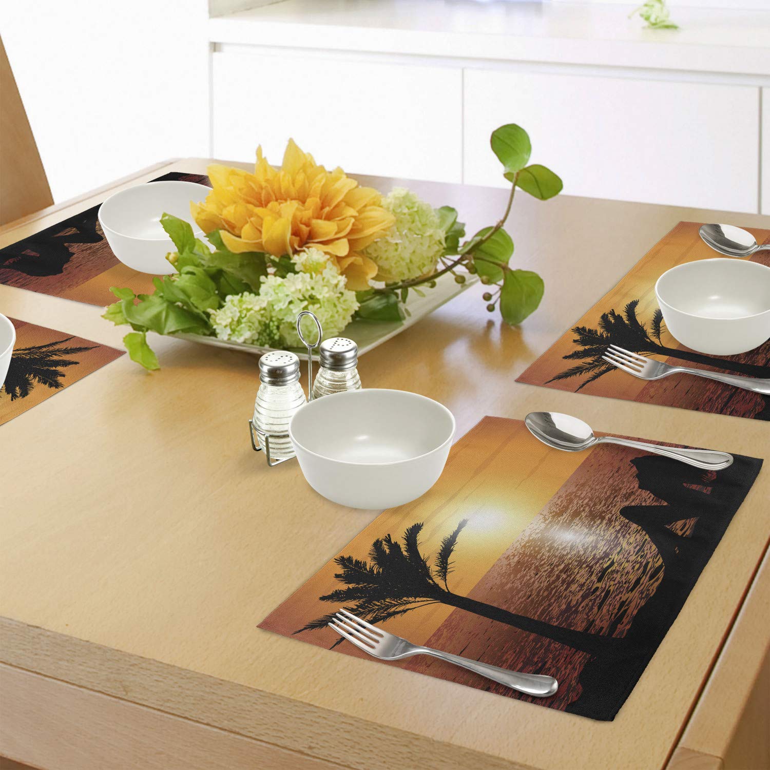 Ambesonne Retro Place Mats Set of 4 - Tropical Beach Sunset with Lady & Palm Tree Silhouette - Washable Fabric Dining Table Mats for Kitchen & Dining Room Decor in Orange & Black - Perfect for Dinner Parties, Family Gatherings & Tropical Themed Events