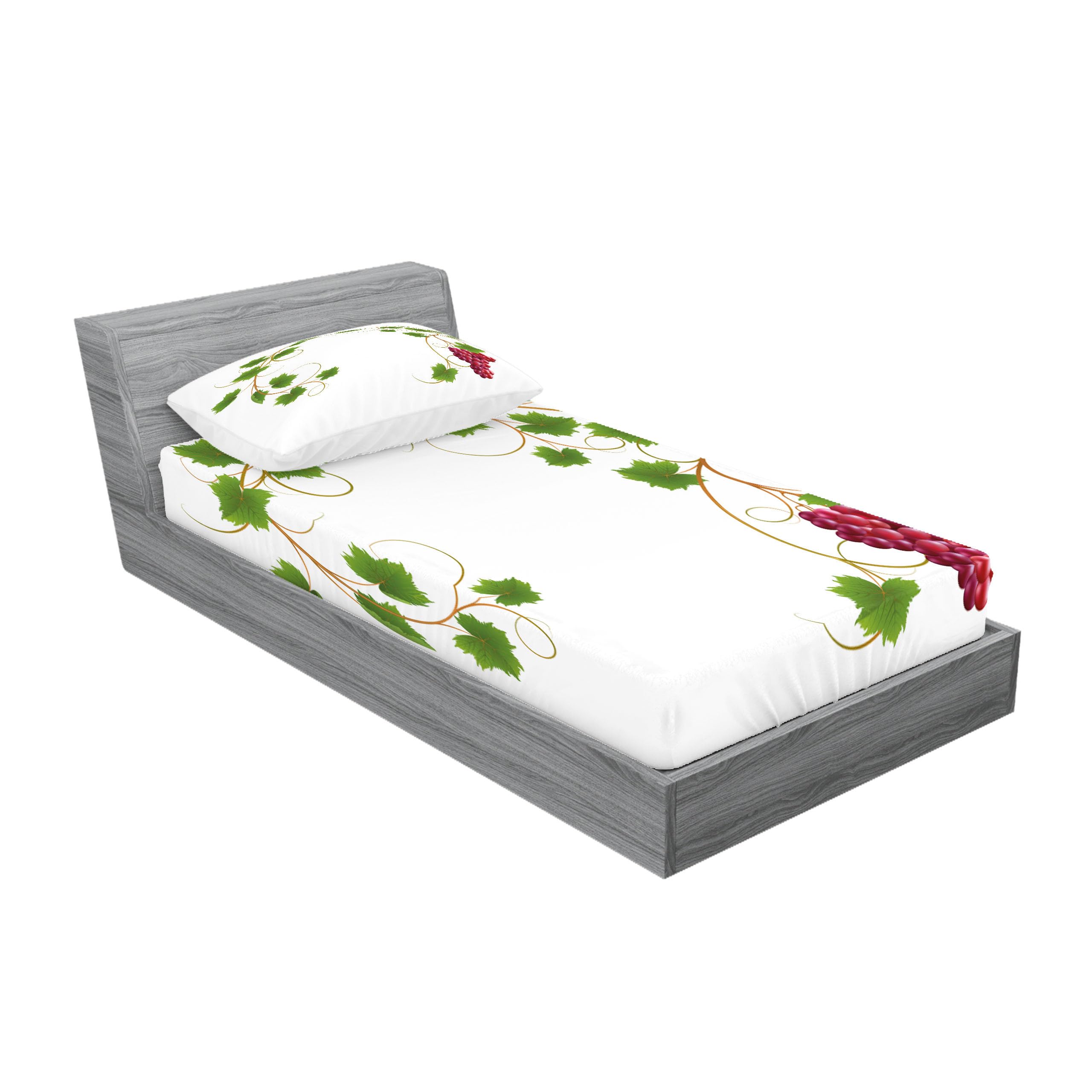 Ambesonne Vineyard Fitted Sheet & Pillow Sham Set - Curved Ivy Branch Cabernet Wine Theme Printed 2-Piece Bedding Set, Twin XL, Green & Purple - Perfect for Wine Lovers' Bedroom Decor & Vineyard-Themed Guest Rooms