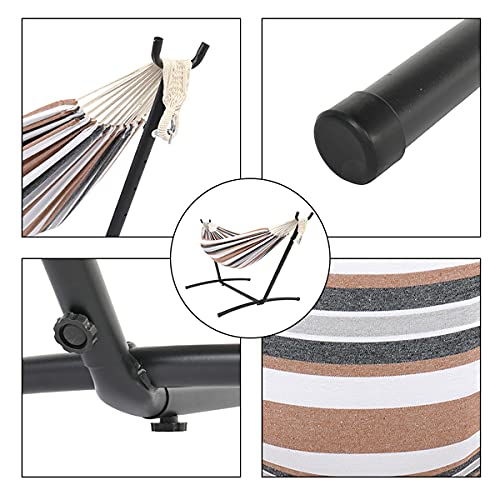 9ft Double Cotton Portable Hammock with Stand - Heavy Duty Space Saving Steel Frame (450 lb Capacity) - Coffee Strip Pattern with Natural Rope - Perfect for Patios, Backyards, Camping & Outdoor Relaxation