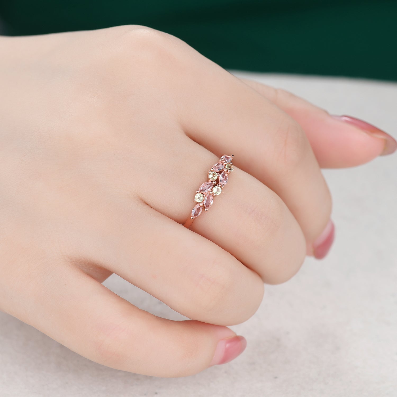 14k Rose Gold Morganite Peridot Cluster Wedding Band for Women - Elegant Dainty Engagement Ring, Promise Ring or Anniversary Jewelry Gift