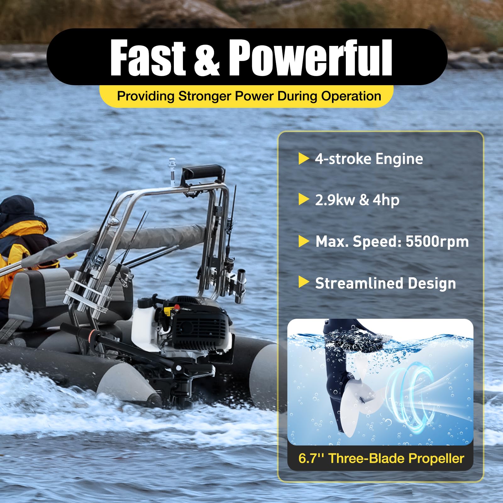TBVECHI 4HP 4-Stroke Outboard Motor Engine - 52CC Manual Start, Air Cooling & Capacitor Discharge Ignition - Perfect for Fishing Boats, Small Watercraft & Marine Adventures