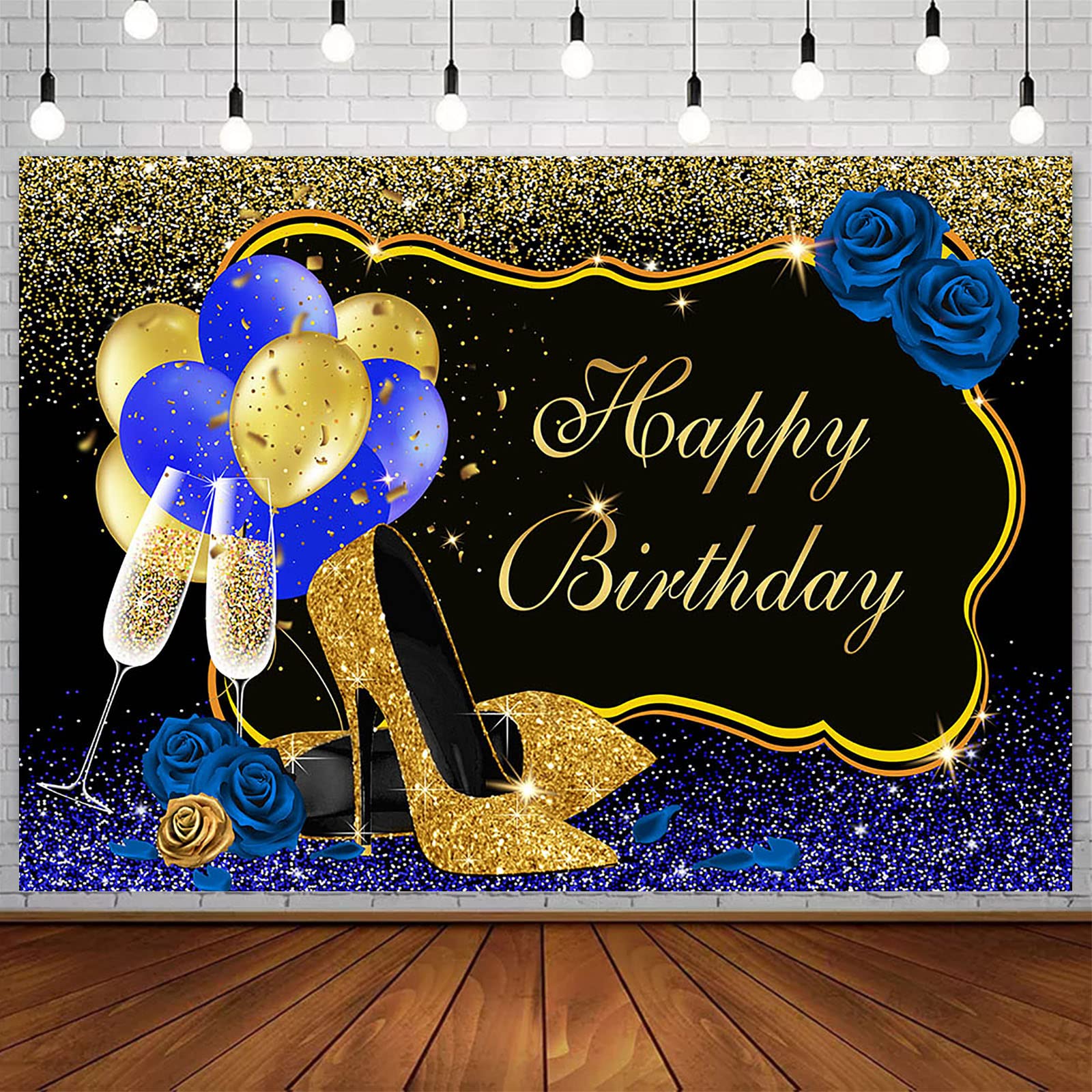 Royal Blue & Gold Glitter Birthday Backdrop with Rose Floral Balloons - Sweet 16, 30th, 40th, 50th, 60th Women's Bday Party Photobooth Props - Perfect for Champagne Glass Decor & Heel-Themed Celebrations