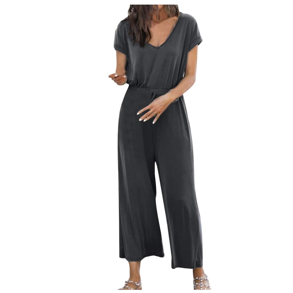Women's V-Neck Short Sleeve Tie Waist Jumpsuit with Pockets - Casual Wide Leg Romper for Summer Outfits, Beach Wear, and Office Casual Dresses
