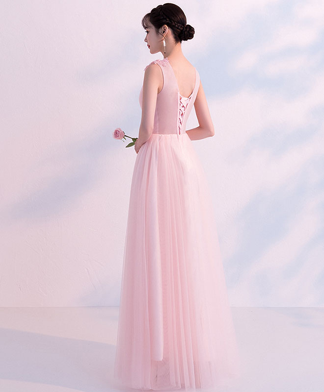 Elegant Pink V-Neck Tulle Long Prom Dress & Bridesmaid Gown - Perfect for Formal Dances, Weddings, and Special Occasions