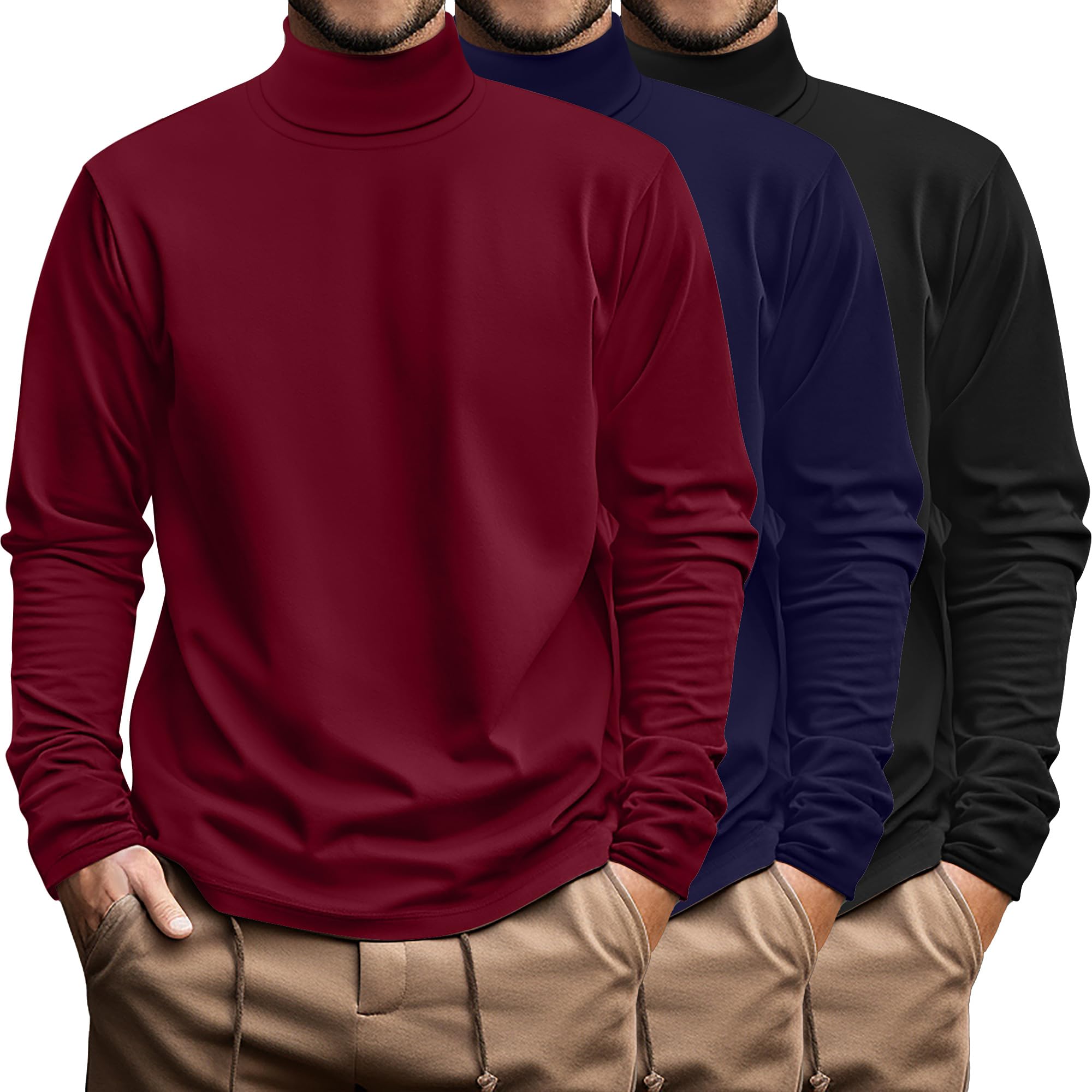Ficerd 3 Pack Men's Big and Tall Turtleneck Shirts - 100% Cotton Long Sleeve Thermal Tops for Winter, Plus Size Loose Fit Basic Tee for Casual Wear & Layering