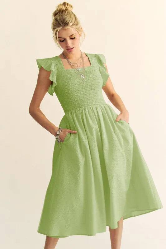 Sage Green Ruffled Cap Sleeve Smocked Mini Dress for Women | Summer Boho Chic Flowy Party Dress | Perfect for Beach Vacations, Date Nights & Outdoor Weddings