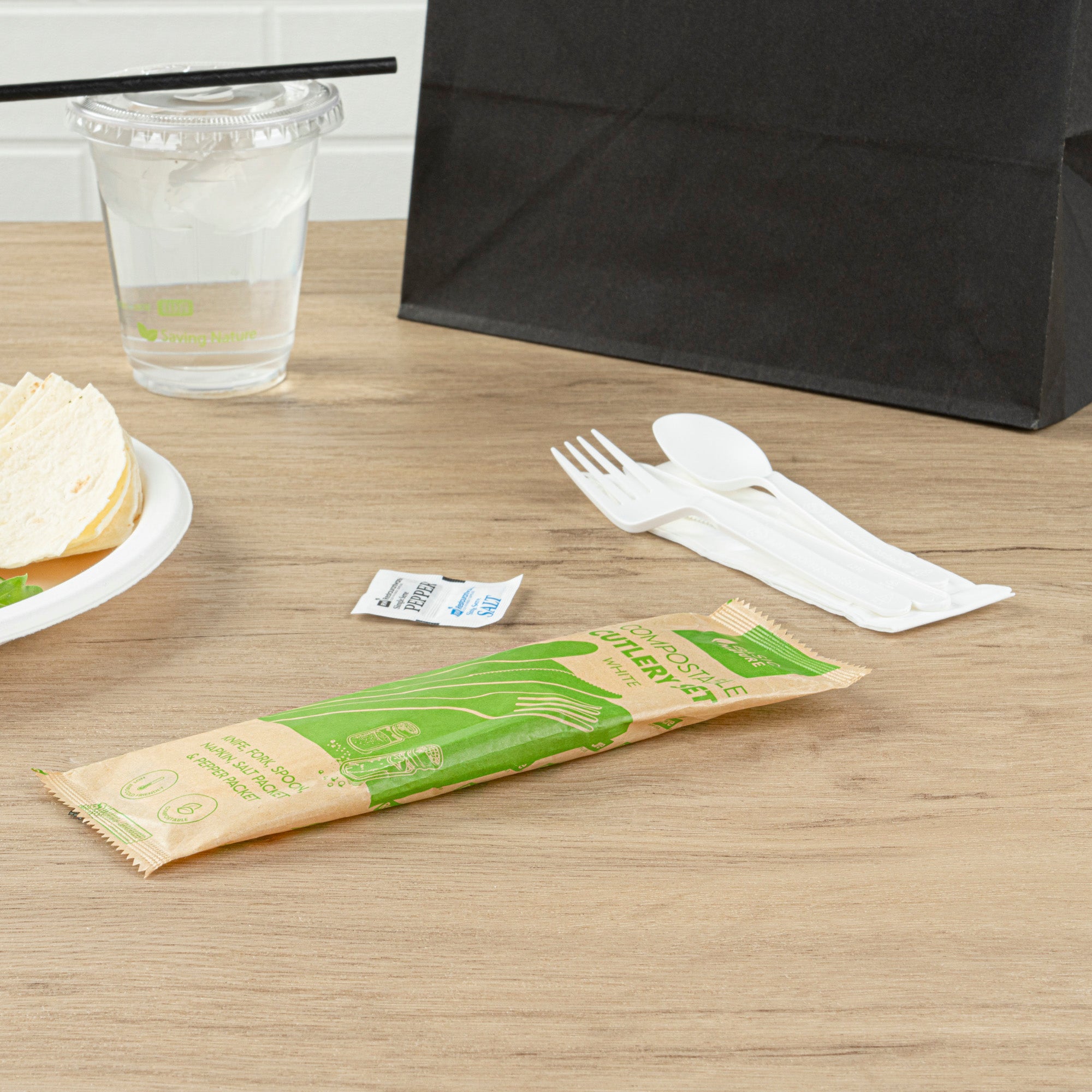 Eco-Friendly White PLA Compostable Cutlery Set with Napkins & Salt/Pepper Packets - 250 Count Box (6.25