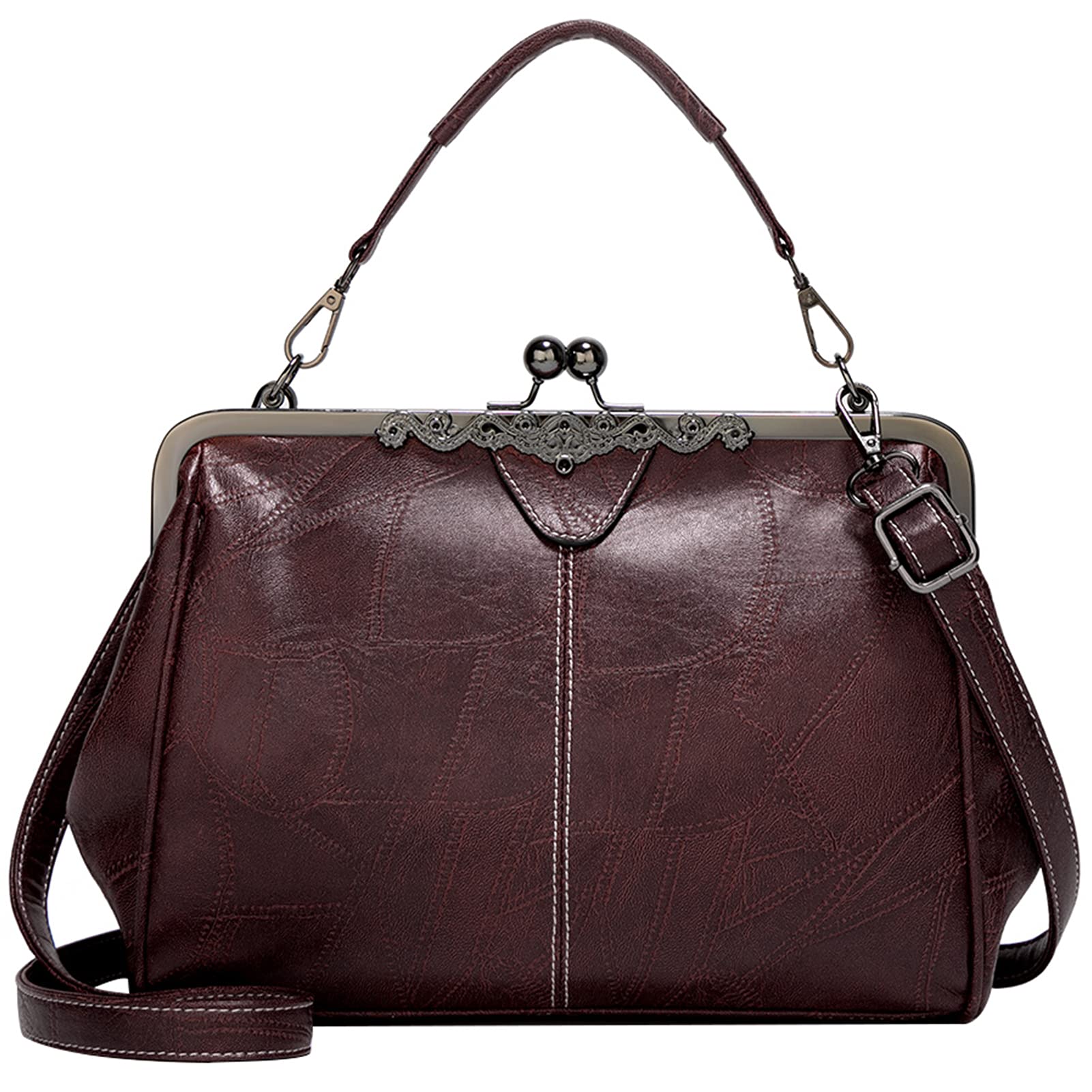 Aivtalk Women's Vintage Kiss Lock Handbag - PU Leather Evening Purse with Top Handle & Shoulder Strap, Waterproof Crossbody Bag for Party, Wedding, Date Night & Daily Use