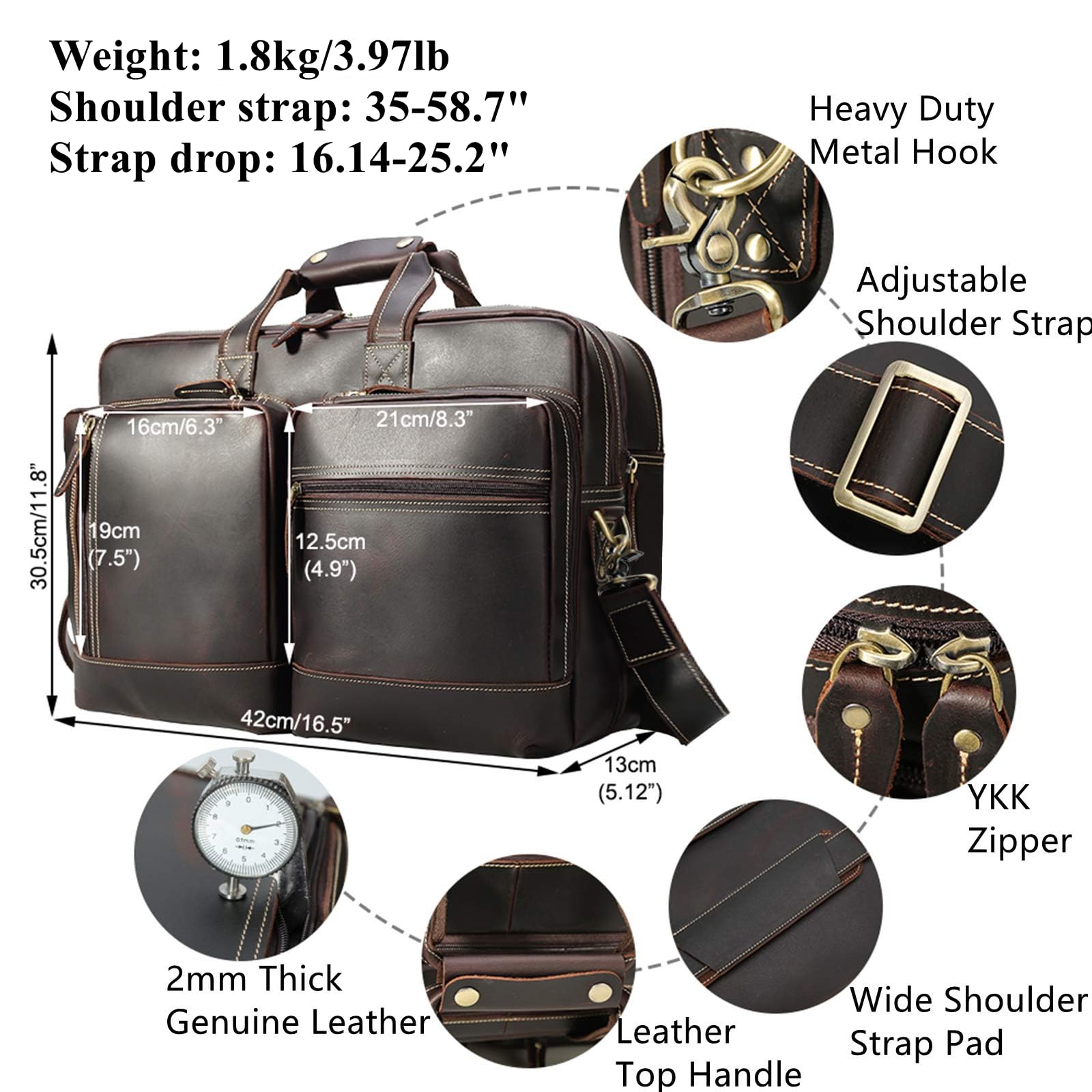 Premium Genuine Leather Briefcase for Men - Expandable 17 Inch Laptop Bag with Shoulder Strap - Business Travel Attache Case & Work Commuter Bag - Ideal for Office Professionals and Business Trips