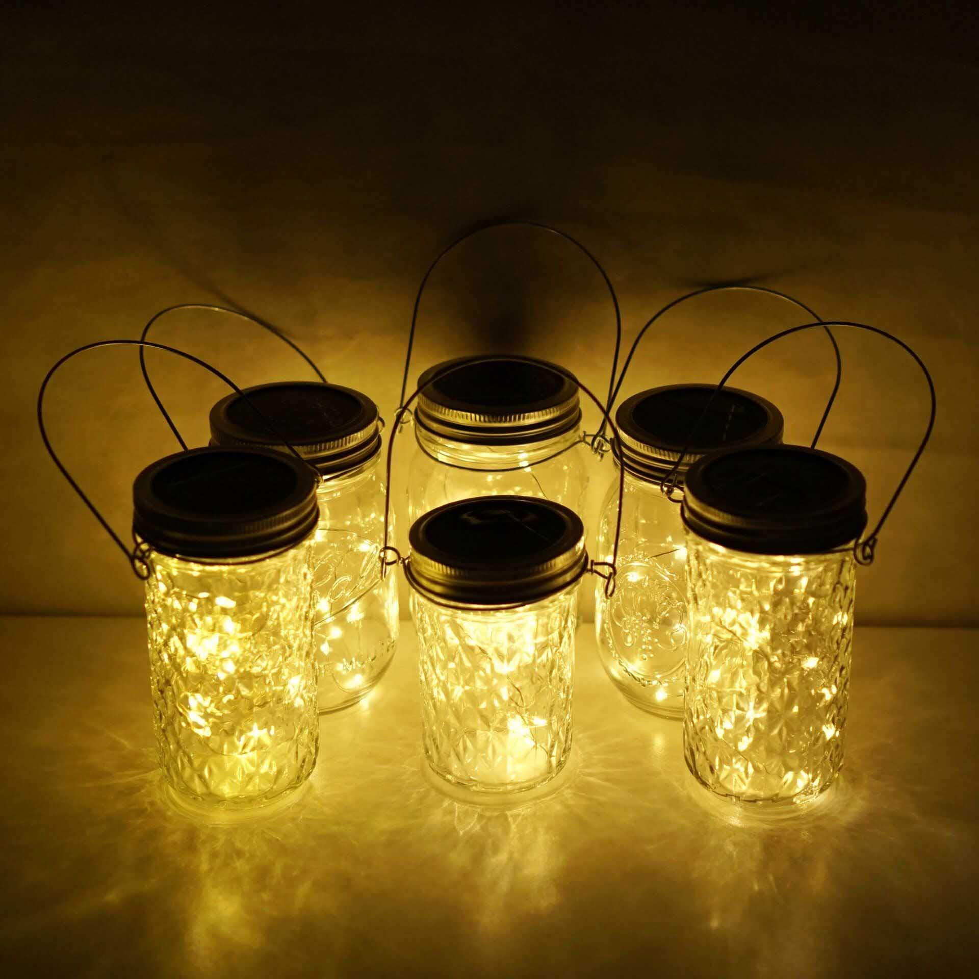 6 Pack Solar Mason Jar Lights - 20 LED Fairy String Lights with Hangers, Waterproof Outdoor Firefly Lanterns for Garden, Patio, Wedding & Christmas Decor (Warm White) | Perfect for Backyard Parties, Romantic Evenings & Holiday Lighting