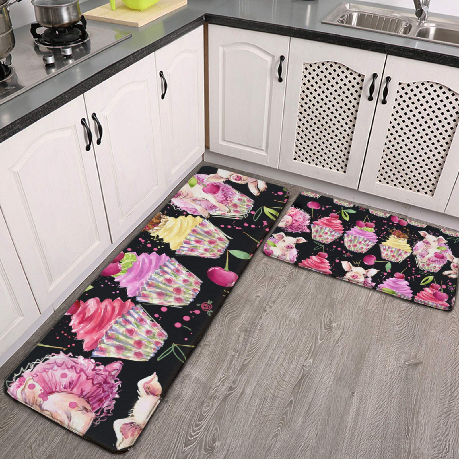 Soft Non-Slip Kitchen Rugs Set of 2 - Cute Pink Pig Cupcake Design Washable Floor Mats for Kitchen, Entryway, Hallway & Dining Room - Perfect Valentine's Day Gift & Home Decor Accessory
