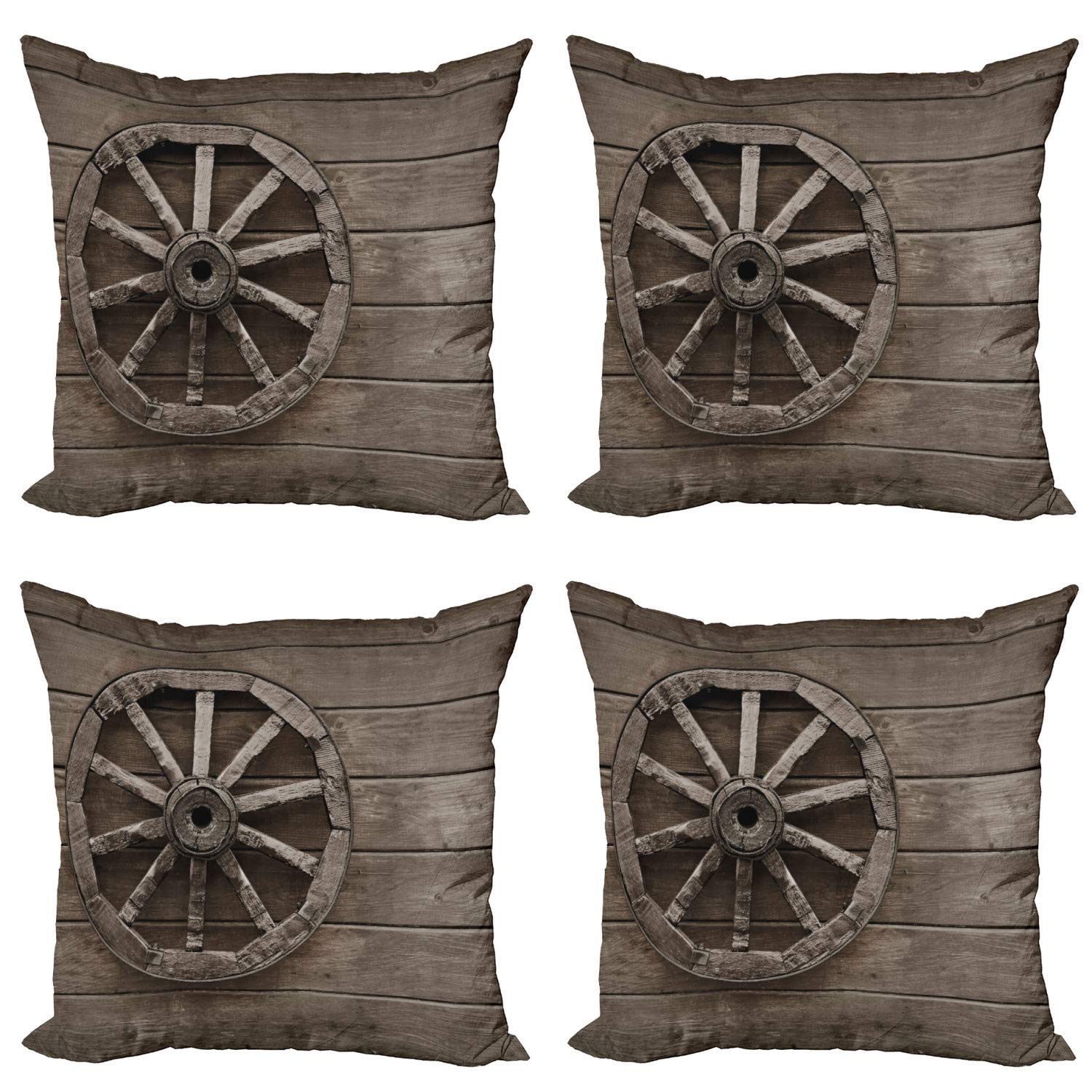 Ambesonne Vintage Barn Wood Wagon Wheel Decorative Throw Pillow Covers (Pack of 4) - Antique Aged Carriage Design with Western Grunge Style - 24