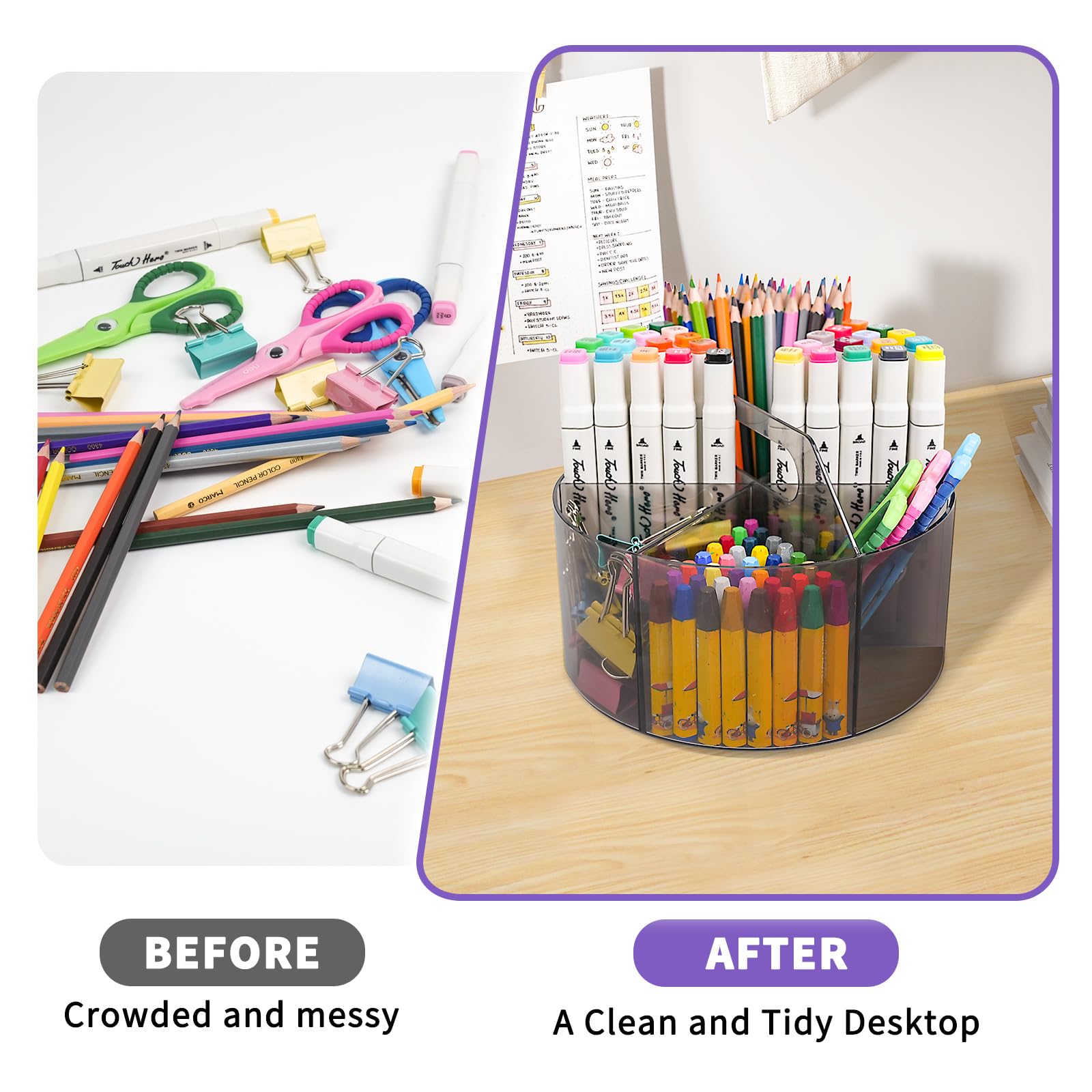 360° Rotating Acrylic Pen & Marker Holder - 6-Compartment Desk Organizer for Art Supplies, Crayons, Office & School Stationery - Perfect for Home, Office & Classroom Organization (Grey)