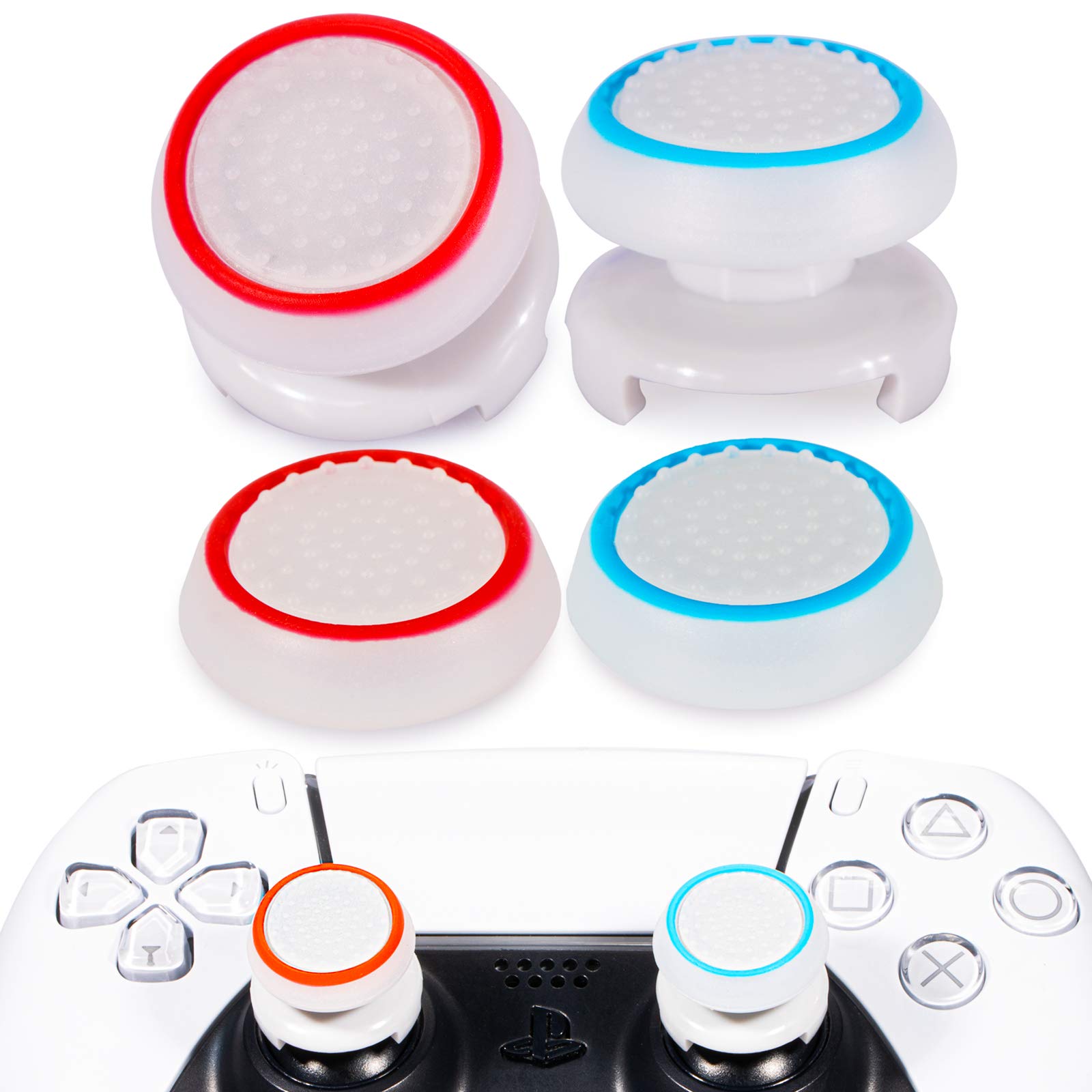 Playrealm FPS Thumbstick Extender & 3D Textured Silicone Grip Cover Thumb Grips for PS5 DualSense & PS4 Controller (Glow in The Dark Transparent Red Blue) - Enhance Gaming Precision for FPS, Racing & Competitive Play