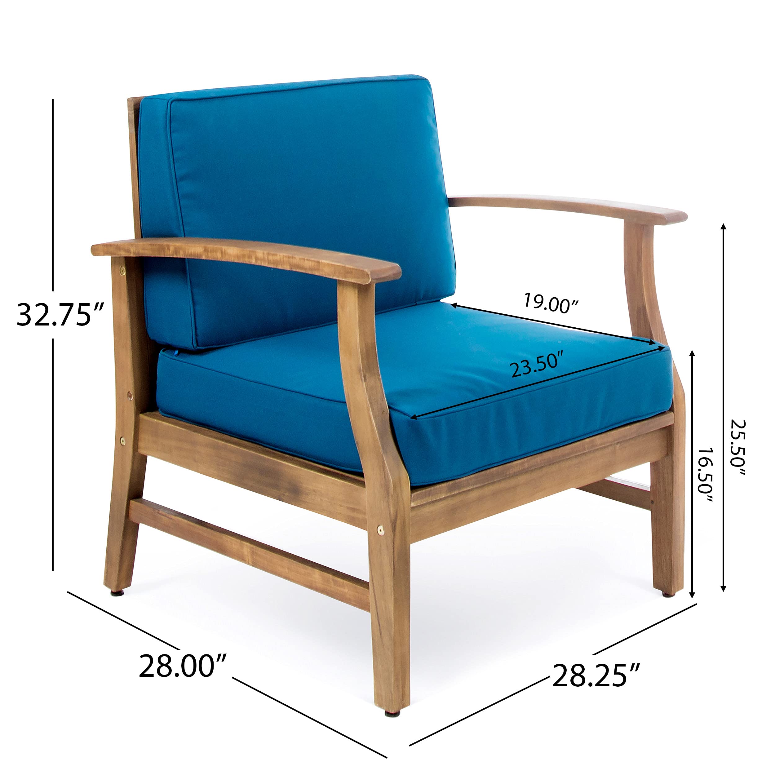 Christopher Knight Home Perla Outdoor Acacia Wood Club Chairs Set of 2 with Water Resistant Cushions - Teak Finish & Blue Fabric - Patio, Garden, Poolside Lounge Furniture for Backyard & Outdoor Relaxation