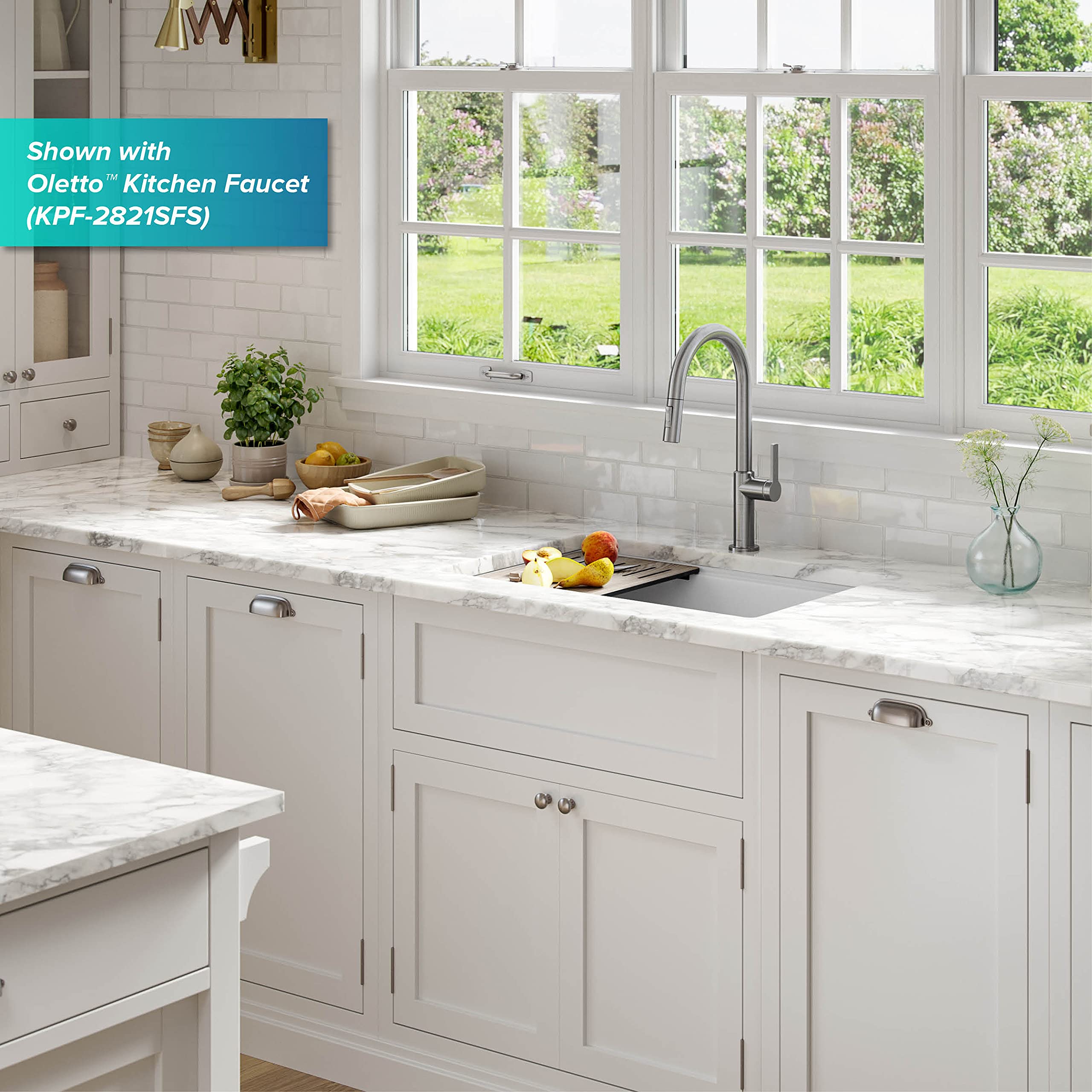 KRAUS Bellucci 30-Inch Undermount Workstation Granite Kitchen Sink in White with Accessories - Perfect for Modern Kitchens, Food Prep & Dishwashing | Model KGUW1-30WH