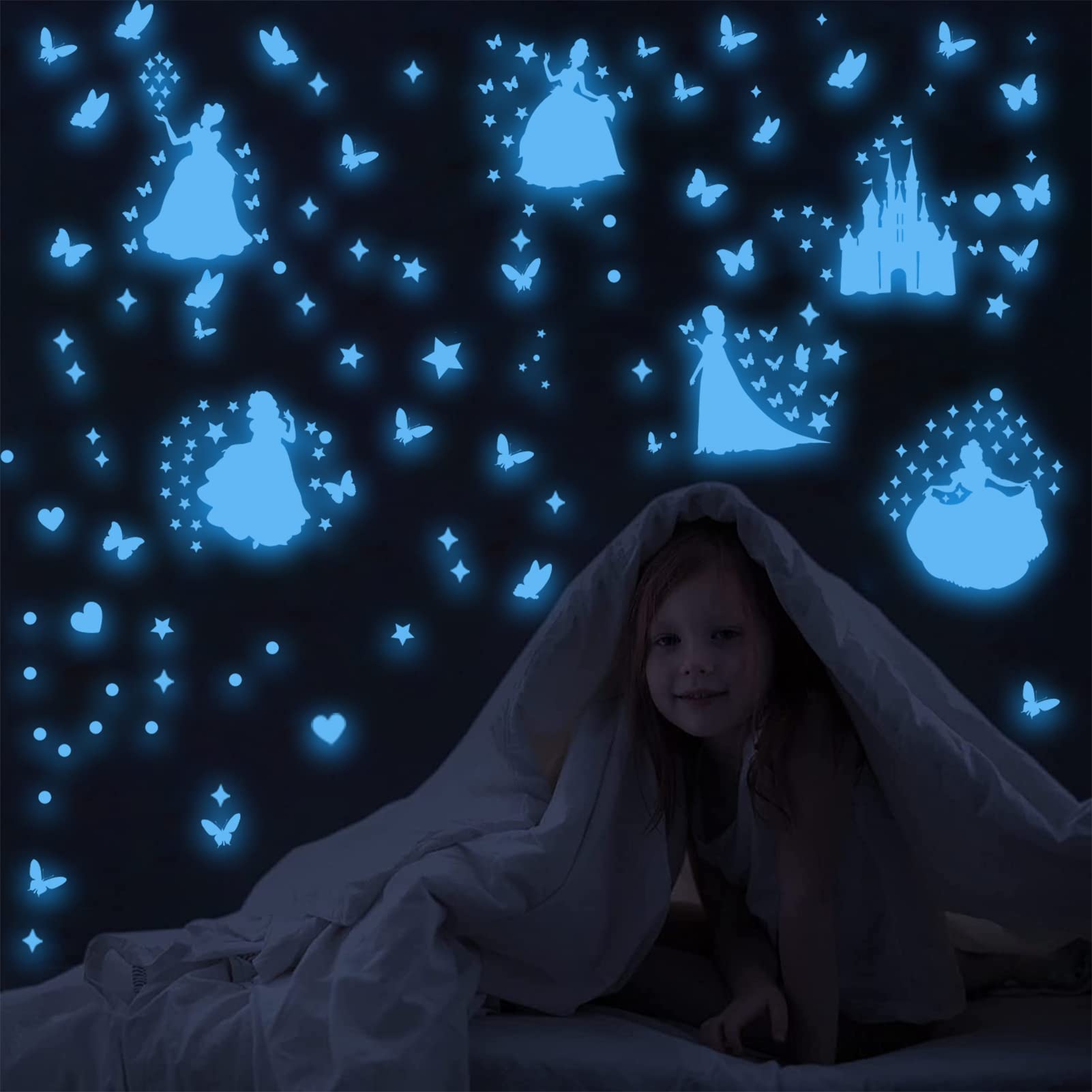 Glow in The Dark Star Wall Stickers - Self-Adhesive Nursery Decor for Girls, Fluorescent Wall Decals, Princess Castle Wall Art for Baby Room - Perfect for Bedroom, Kids Room & Playroom Decorations