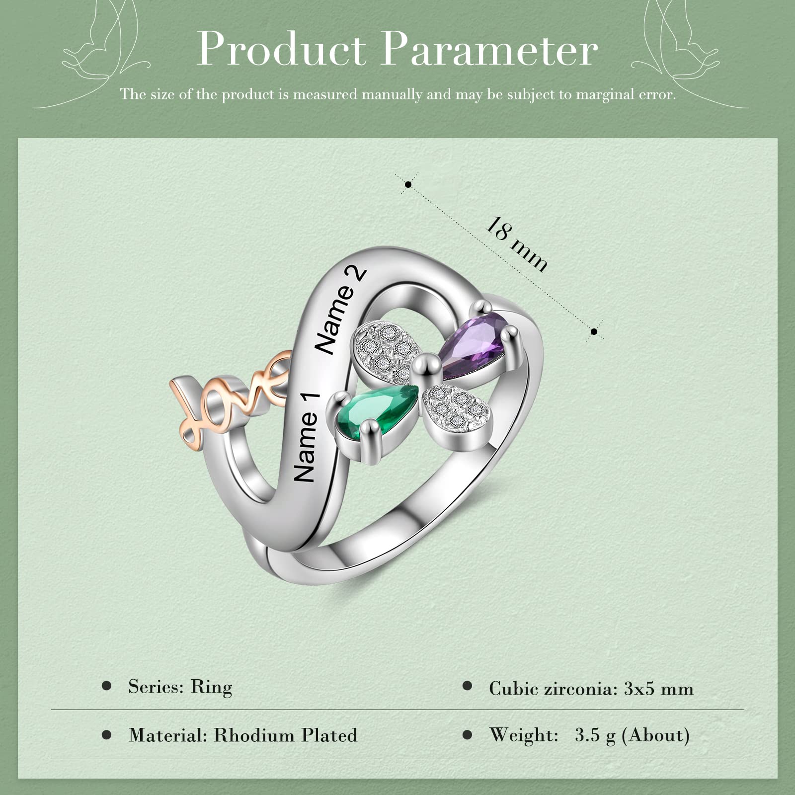 JewelOra Personalized Infinity Promise Ring for Women - Custom Engraved Name Butterfly Wedding Band with Simulated Birthstones - Romantic Engagement Gift for Mother, Grandma, Anniversary & Special Occasions