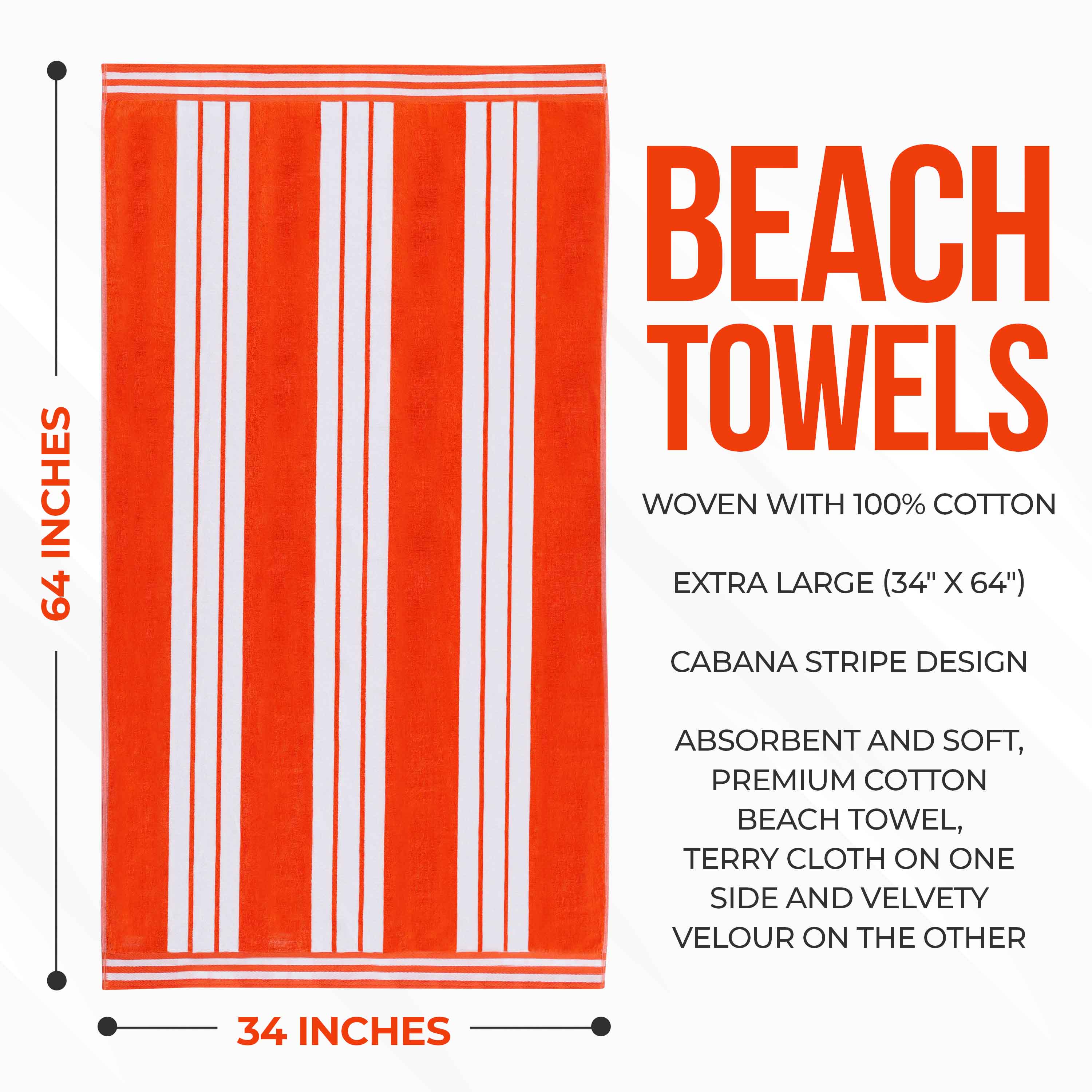 Premium Oversized Cabana Striped Cotton Beach Towel Set - 2, 4, or 6 Pack - Soft Quick-Dry Bath Towels for Pool, Beach, Vacation & Spa Days