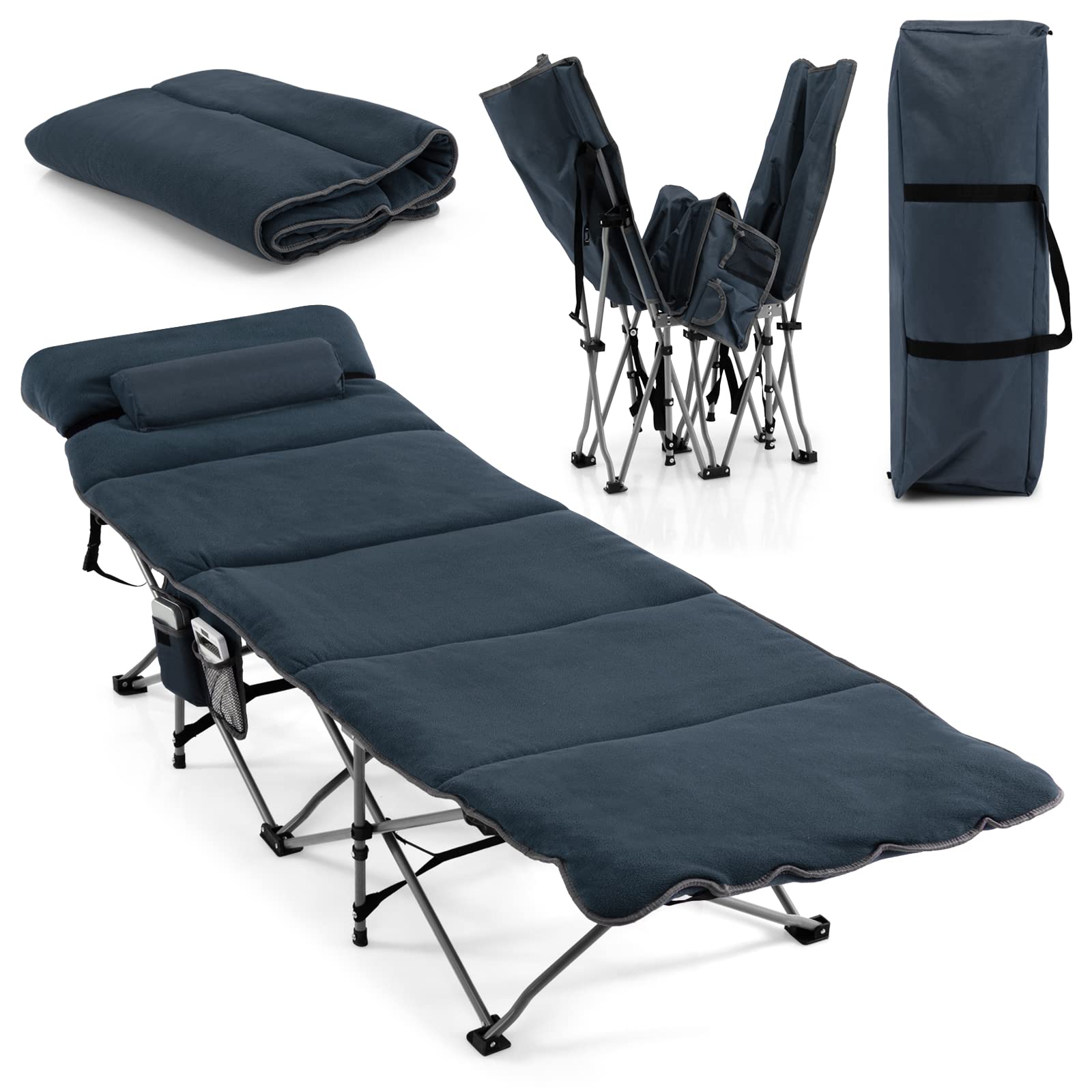 **Tangkula Heavy Duty Camping Cot for Adults - Portable Folding Sleeping Cot with Removable Mattress, Pillow & Side Pocket - Indoor Outdoor Cot Bed with Carry Bag - Perfect for Travel, Camping, Office & Home Use (Blue)**    *(Note: I kept the brand name 