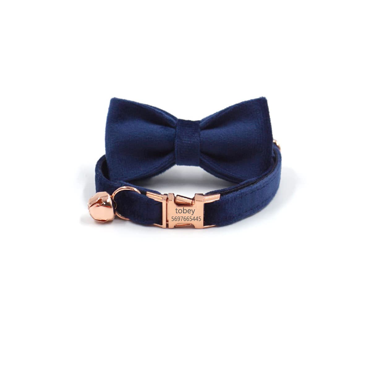 Custom Personalized Cat Collar - Velvet Adjustable Kitten Collar with Bell & Bow Tie - Engraving Nameplate for Small Dogs & Puppies (Size S: 16-26cm, Navy) - Perfect for Pet Parties, Daily Walks & Photo Shoots